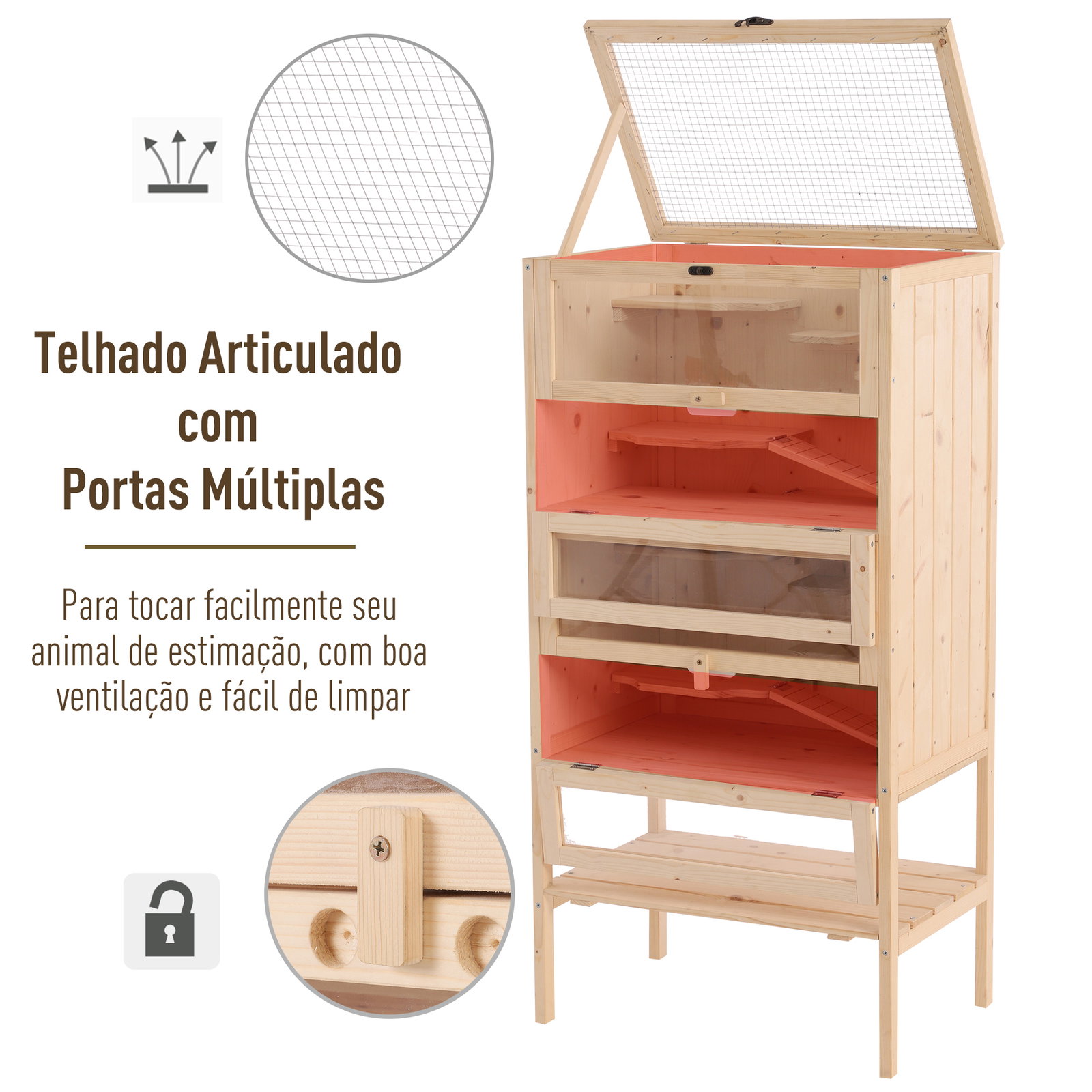 Gaiola de madeira para hamsters e outros pequenos roedores 60x40x120cm madeira natural
