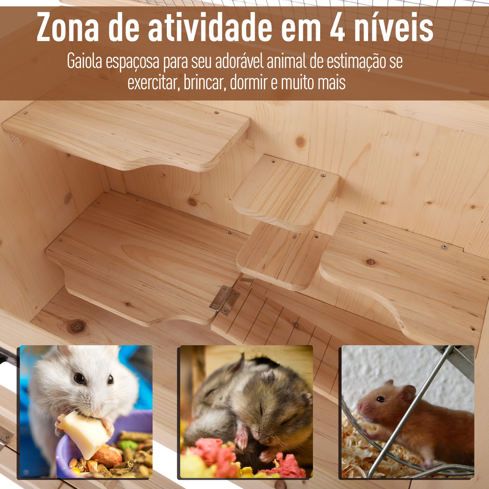 Gaiola de madeira para hamsters e outros pequenos roedores 60x40x120cm madeira natural