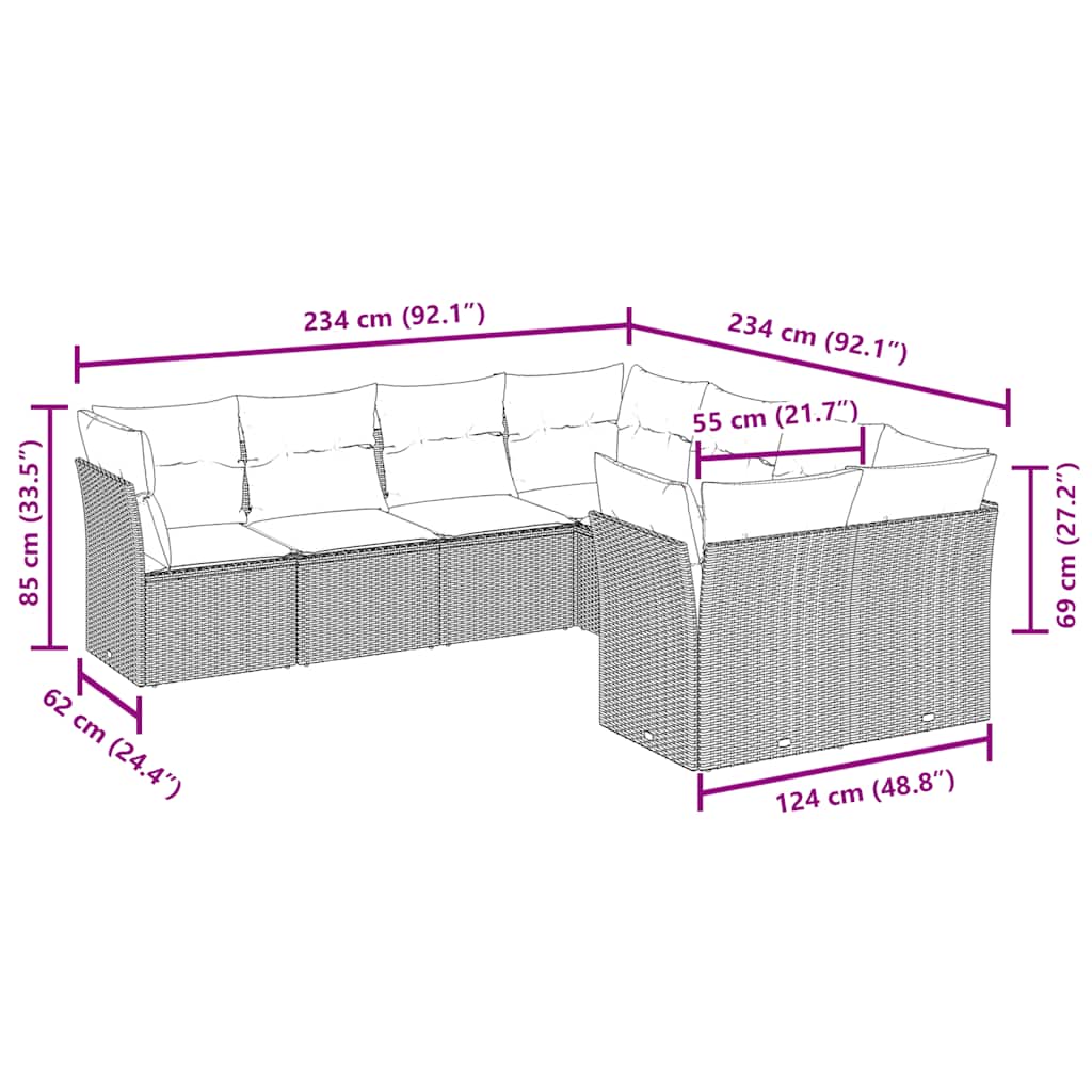8 Pcs conjunto sofás de jardim c/ almofadões vime PE castanho