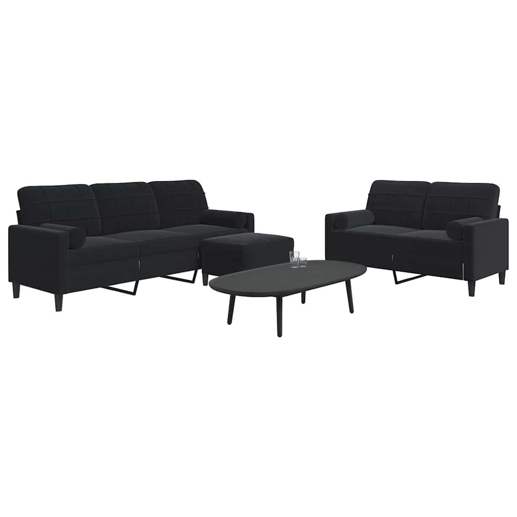 3 Pcs conjunto de sofás com almofadões e rolos veludo preto