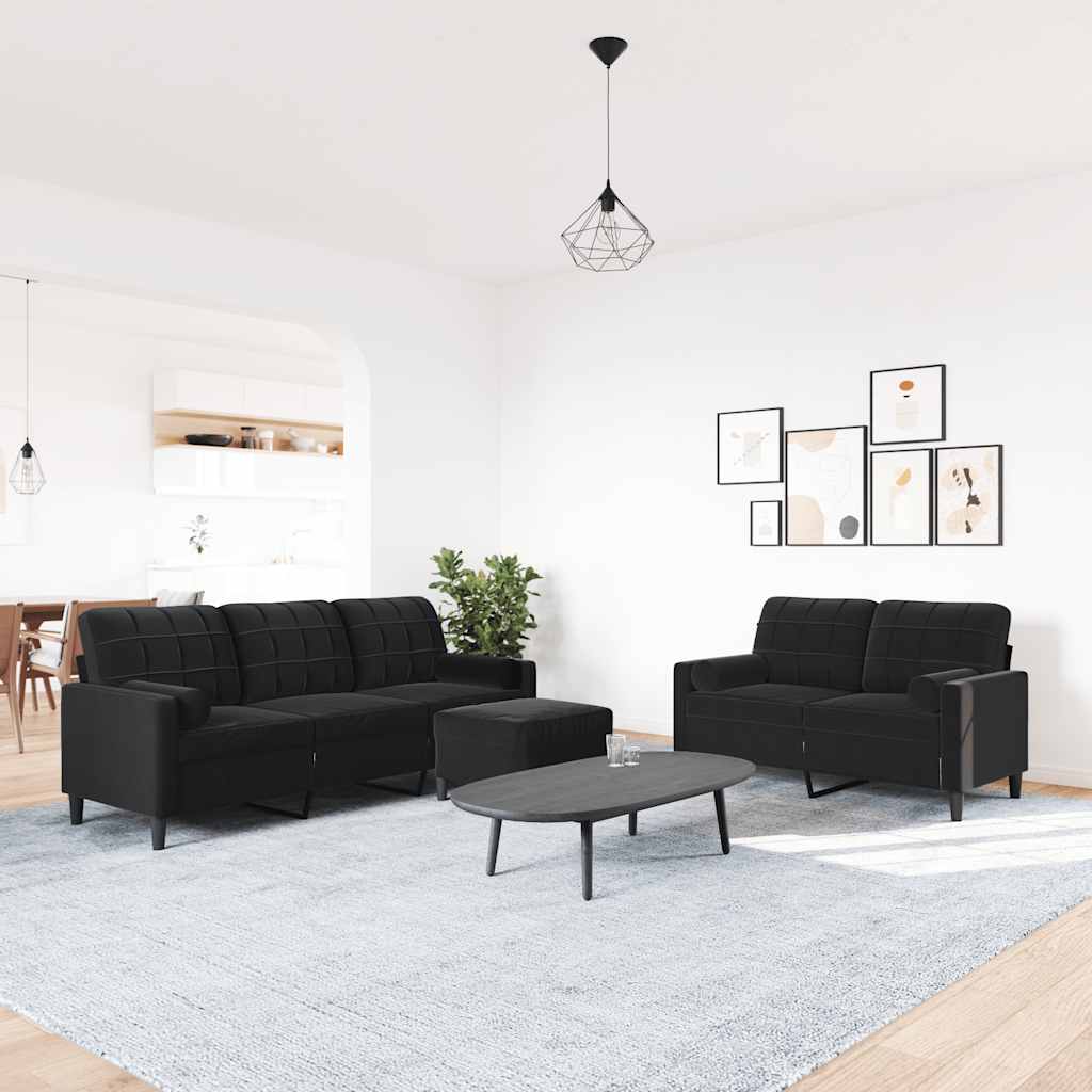 3 Pcs conjunto de sofás com almofadões e rolos veludo preto