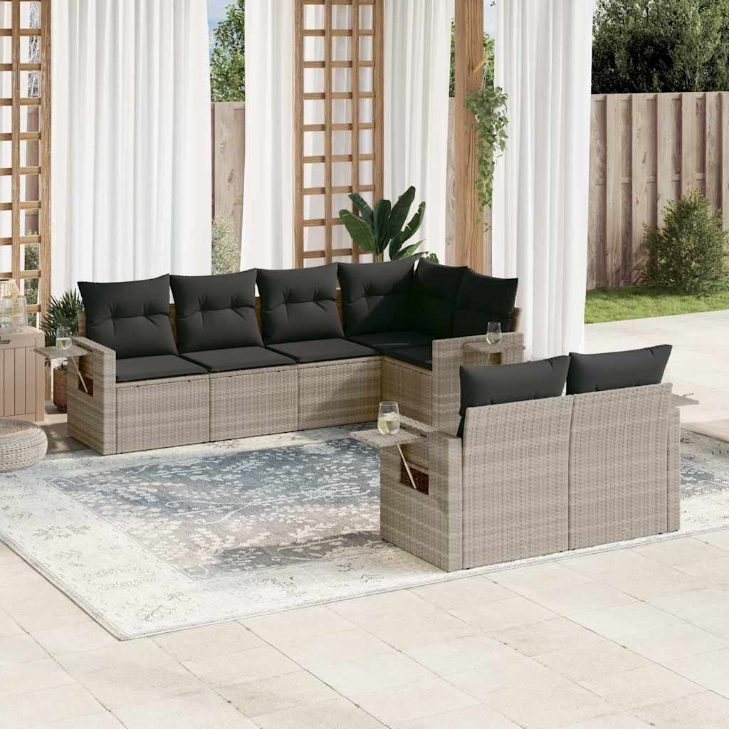 7 Pcs conj. sofás jardim com almofadões vime PE cinzento-claro
