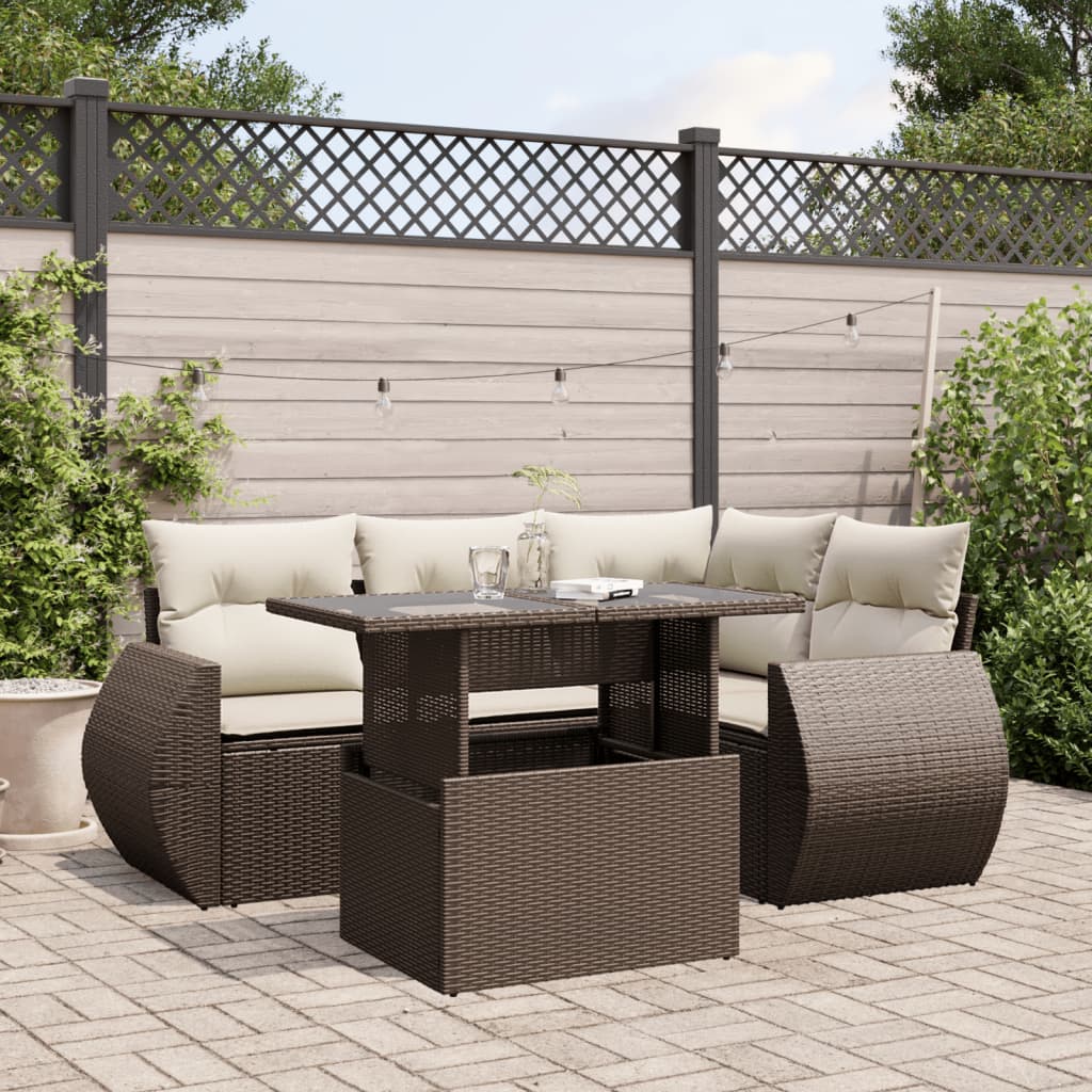 5 Pcs conjunto sofás p/ jardim c/ almofadões vime PE castanho