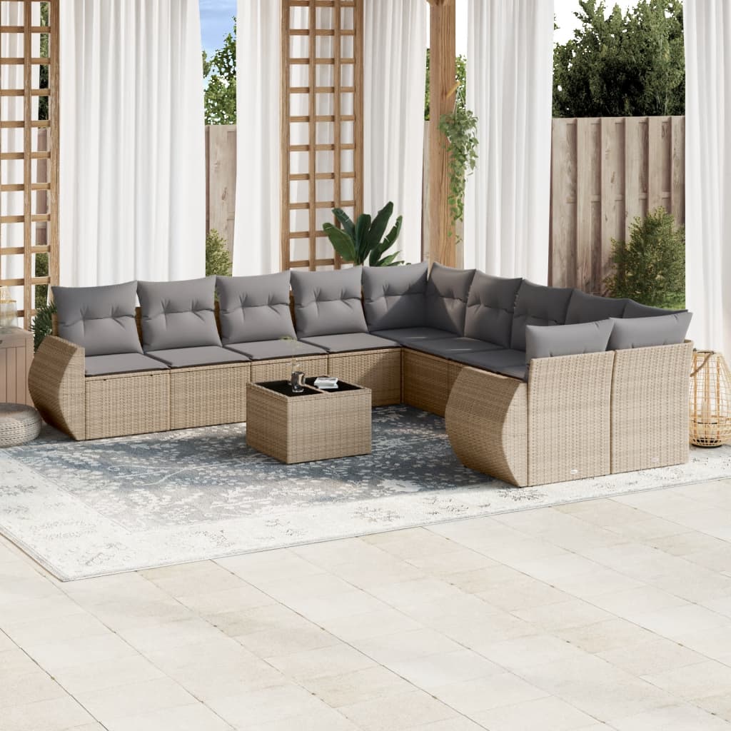 11 Pcs conjunto sofás de jardim c/ almofadões vime PE bege