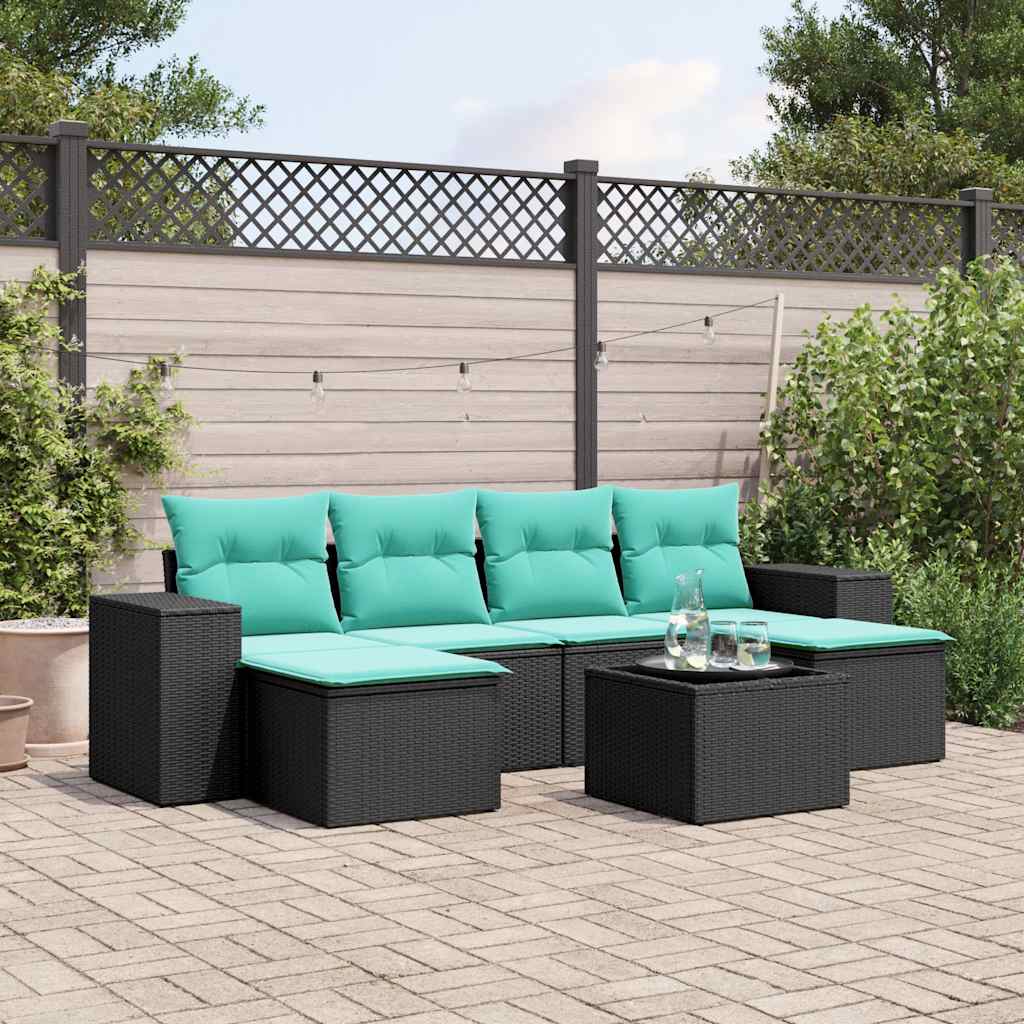 Conjunto de sofá de jardim com 7 peças e almofadas em rattan sintético preto