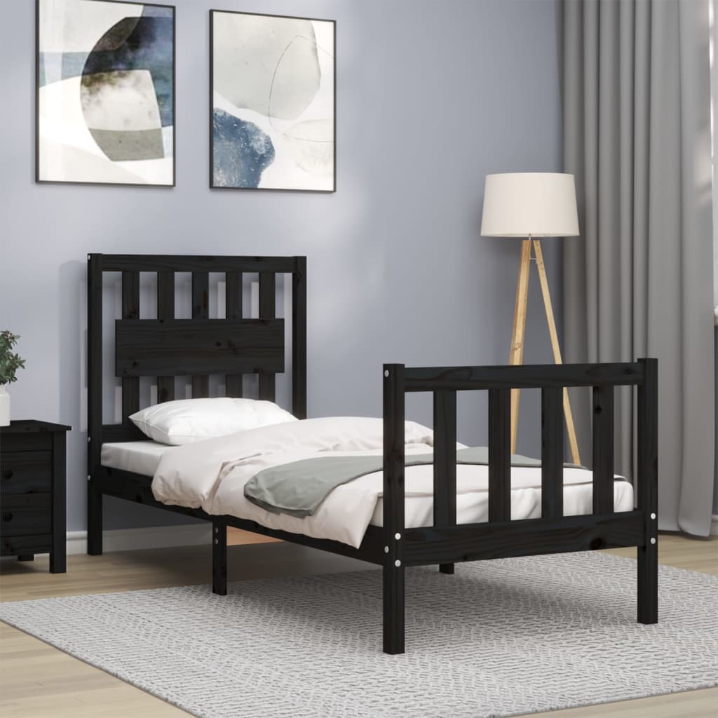Estrutura cama de solteiro c/ cabeceira madeira maciça preto
