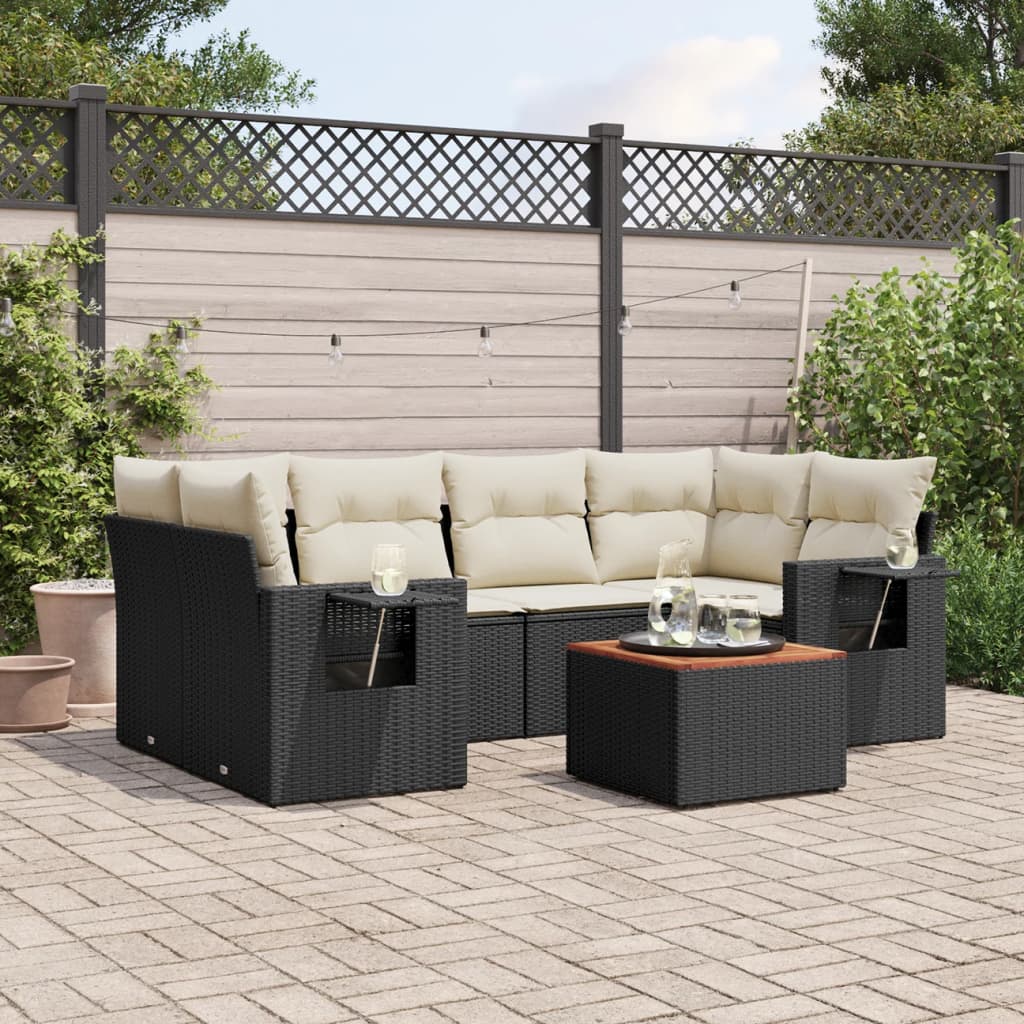 7 Pcs conjunto de sofás p/ jardim c/ almofadões vime PE preto