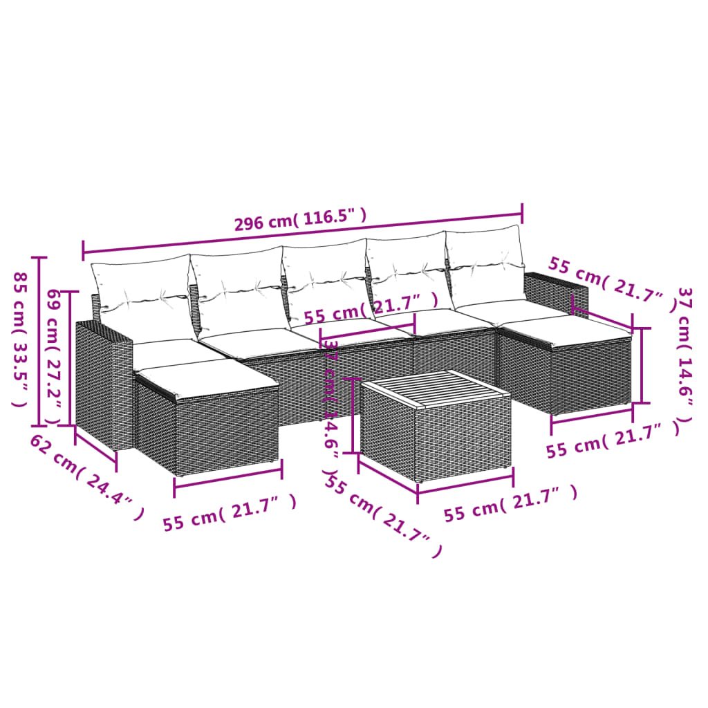 8 Pcs conjunto de sofás p/ jardim com almofadões vime PE bege