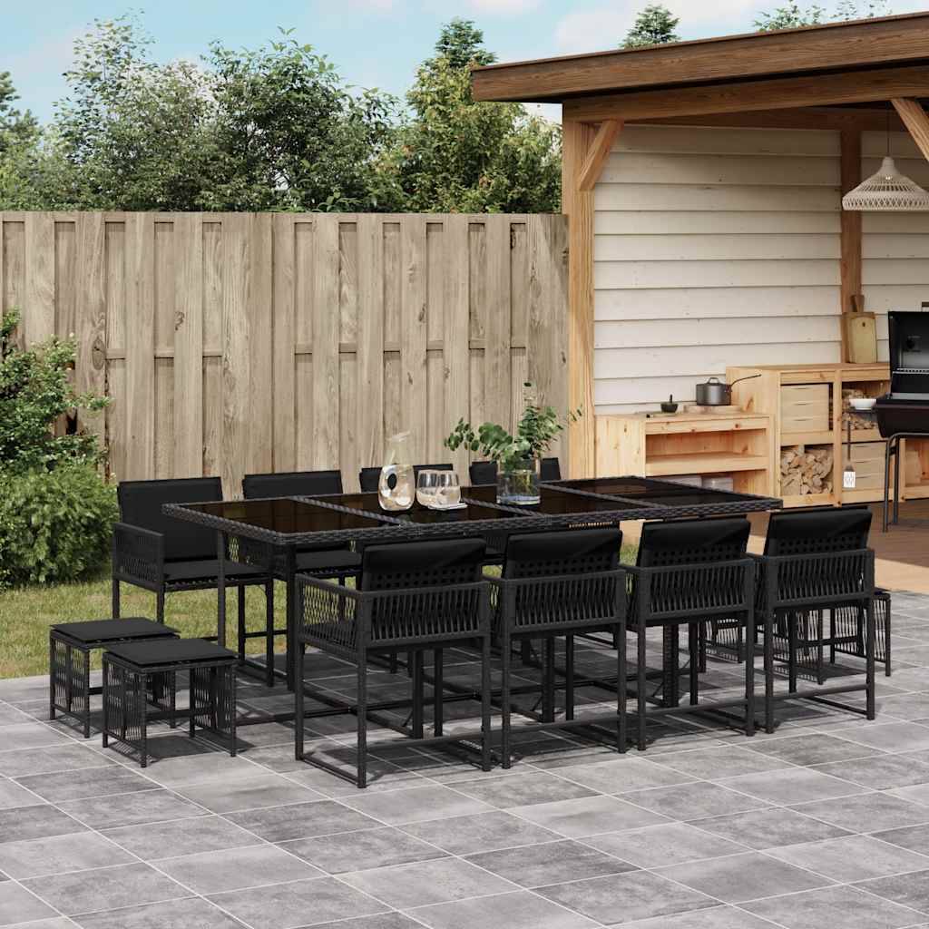 13 Pcs conjunto de jantar p/jardim com almofadões vime PE preto