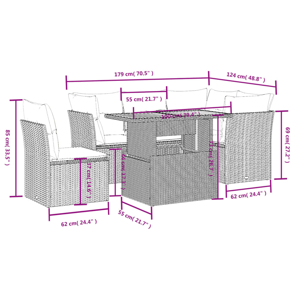 5 Pcs conjunto de sofás p/ jardim com almofadões vime PE bege
