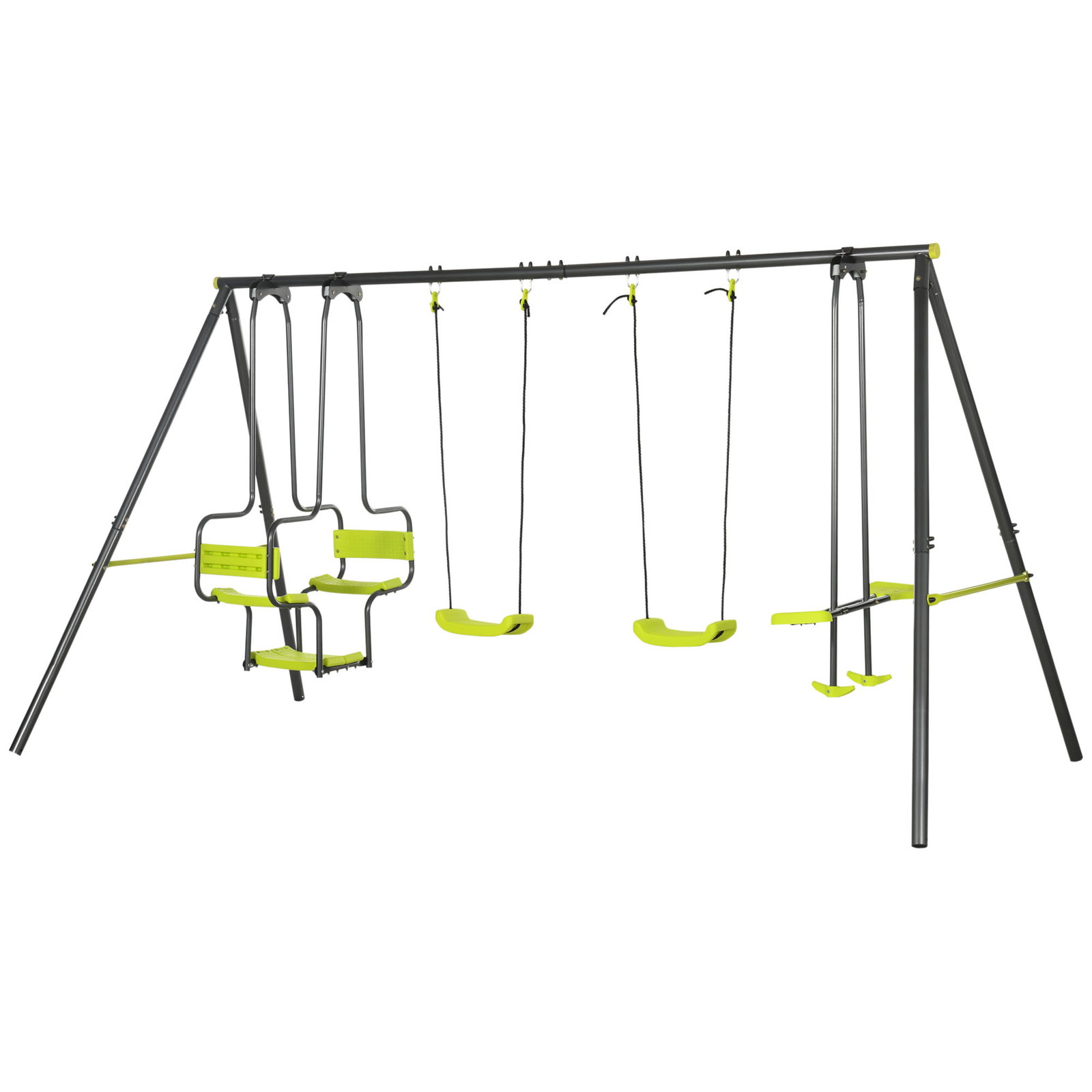 Conjunto de baloiços infantil com 2 baloiços baloiço duplo e estrutura de aço para crianças de 3-8 anos 355x184x186 cm verde