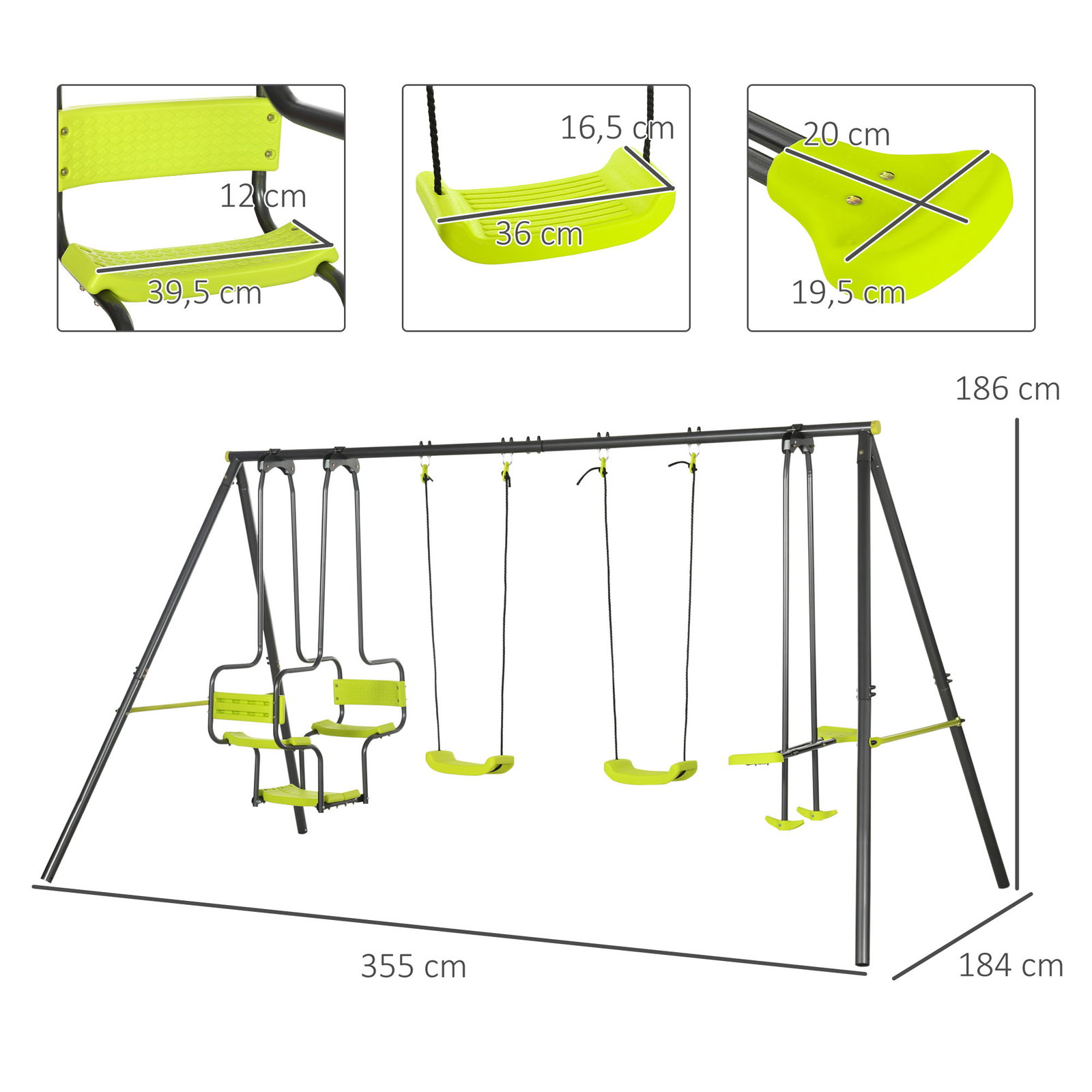 Conjunto de baloiços infantil com 2 baloiços baloiço duplo e estrutura de aço para crianças de 3-8 anos 355x184x186 cm verde