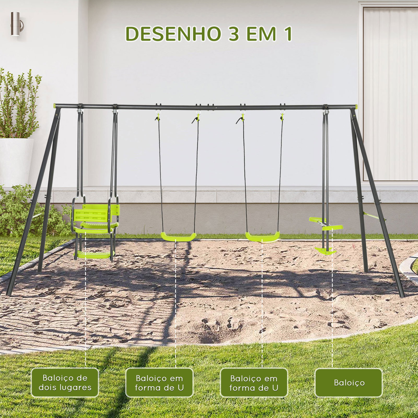Conjunto de baloiços infantil com 2 baloiços baloiço duplo e estrutura de aço para crianças de 3-8 anos 355x184x186 cm verde