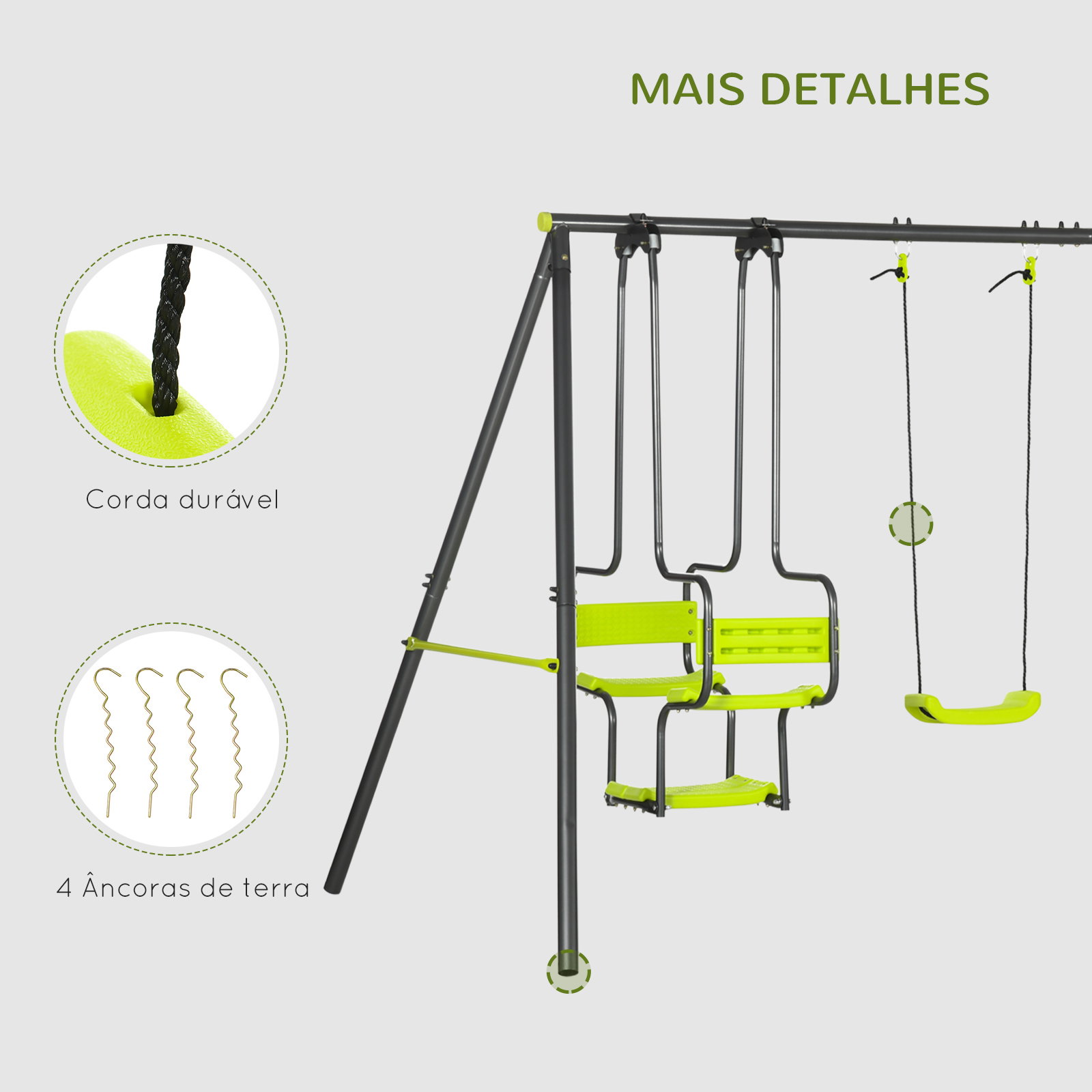 Conjunto de baloiços infantil com 2 baloiços baloiço duplo e estrutura de aço para crianças de 3-8 anos 355x184x186 cm verde