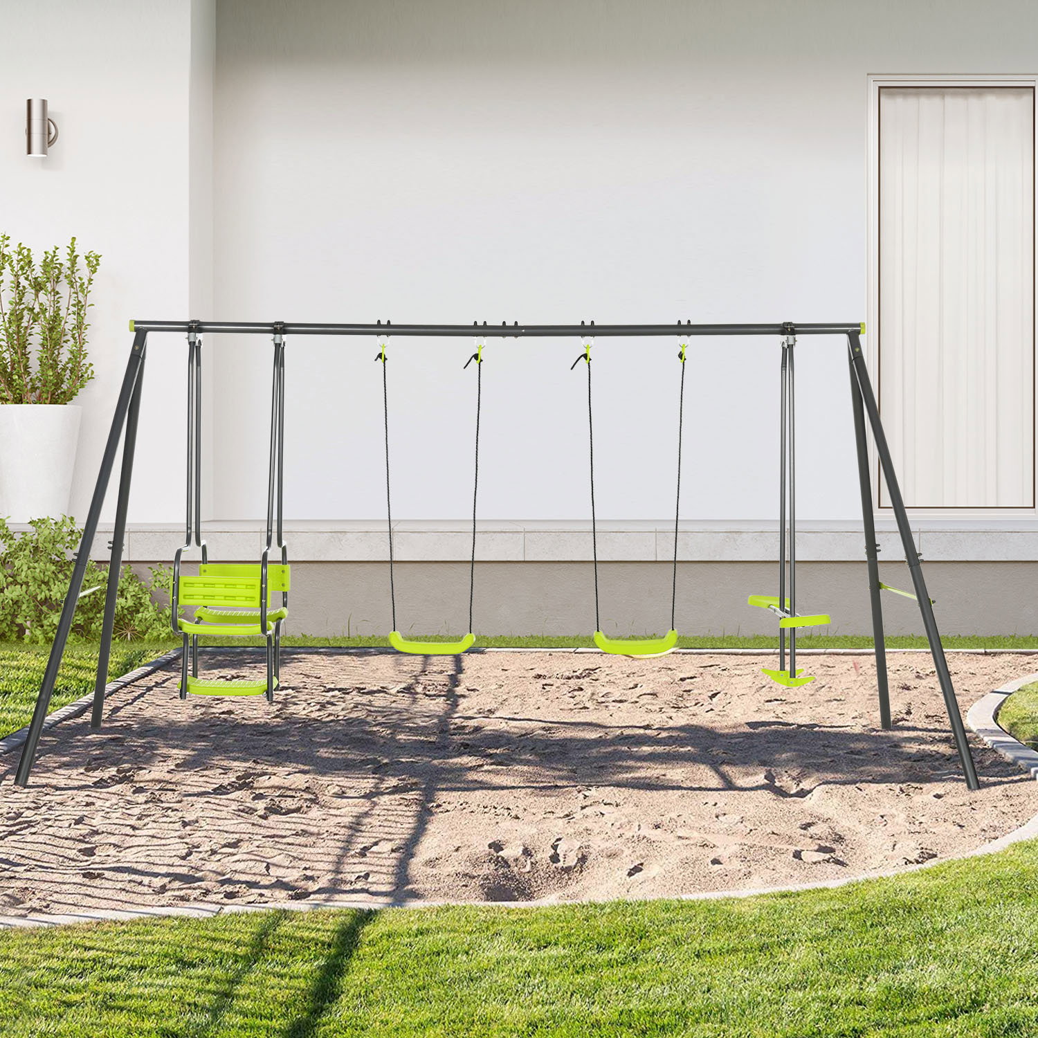 Conjunto de baloiços infantil com 2 baloiços baloiço duplo e estrutura de aço para crianças de 3-8 anos 355x184x186 cm verde