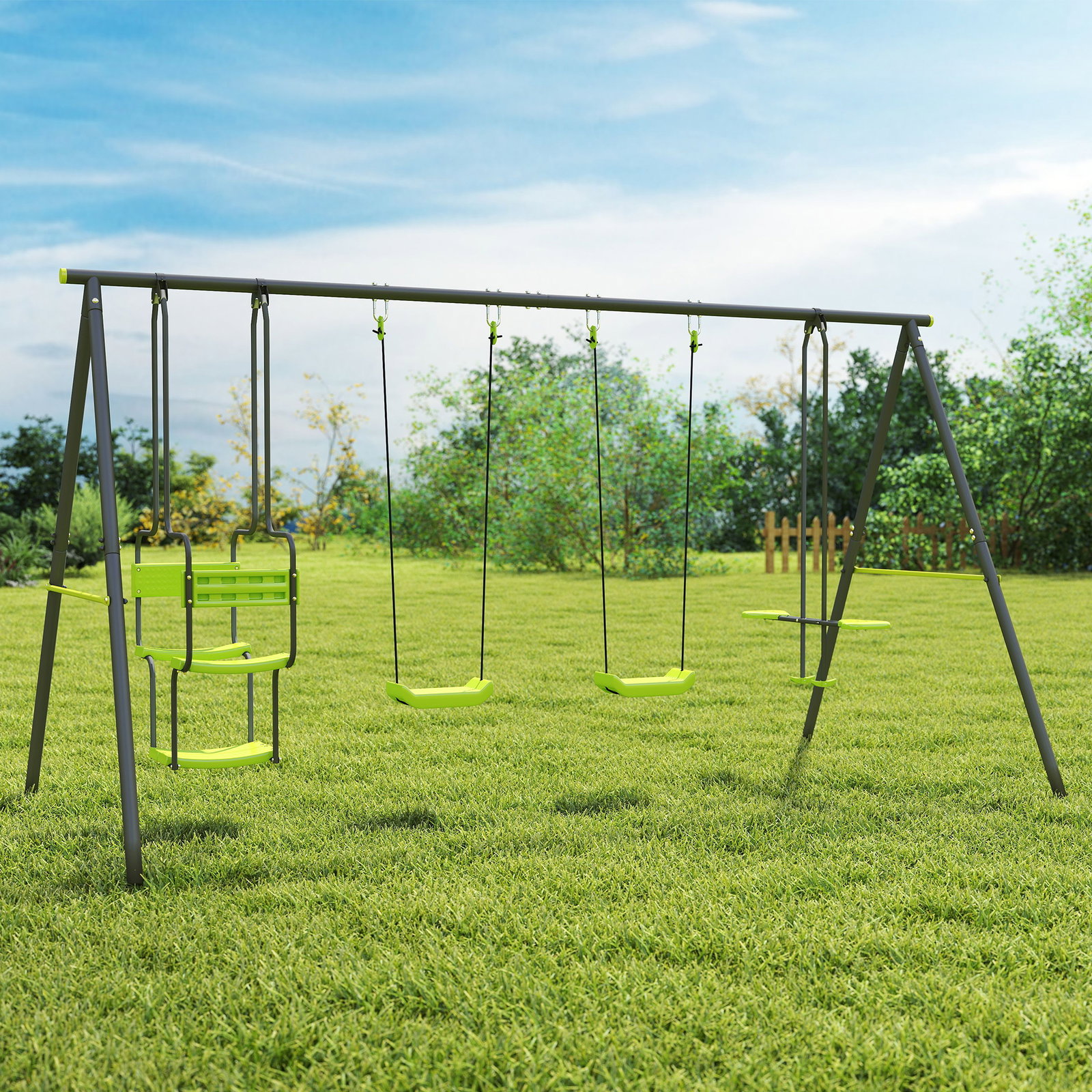 Conjunto de baloiços infantil com 2 baloiços baloiço duplo e estrutura de aço para crianças de 3-8 anos 355x184x186 cm verde