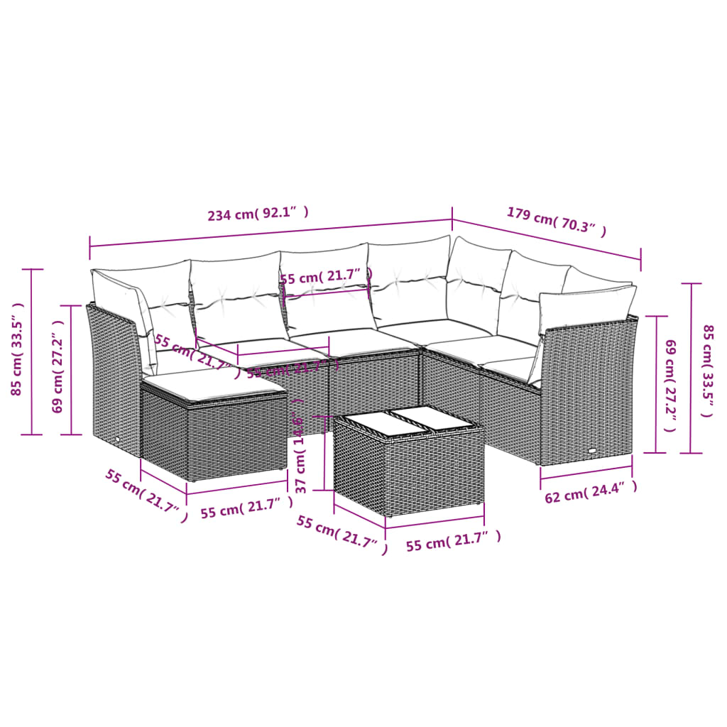 8 Pcs conjunto de sofás p/ jardim com almofadões vime PE bege