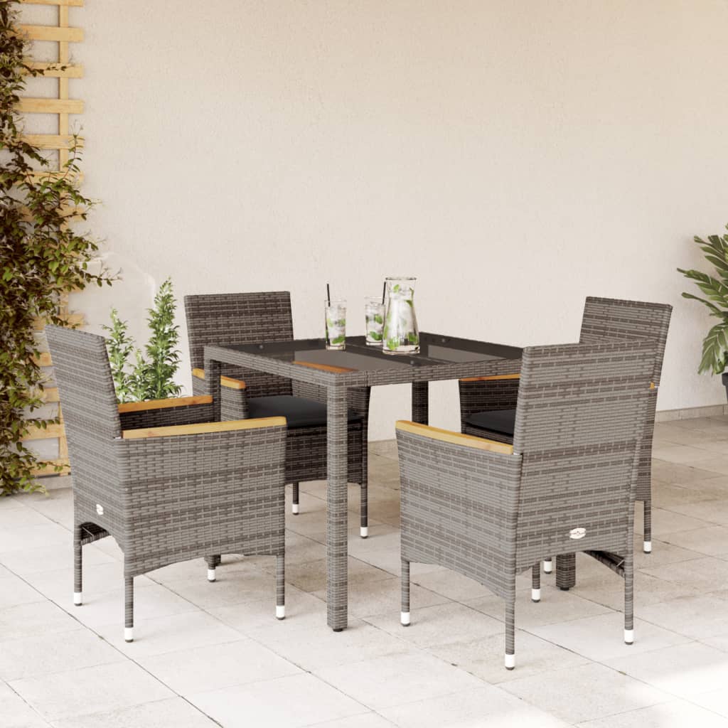 5 Pcs conjunto jantar jardim c/ almofadões vime PE/vidro cinza