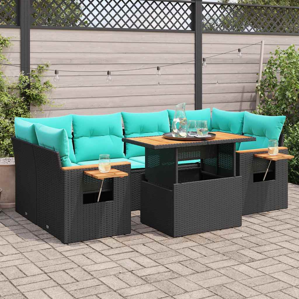 7 Pcs conjunto de sofás p/ jardim c/ almofadões vime PE preto