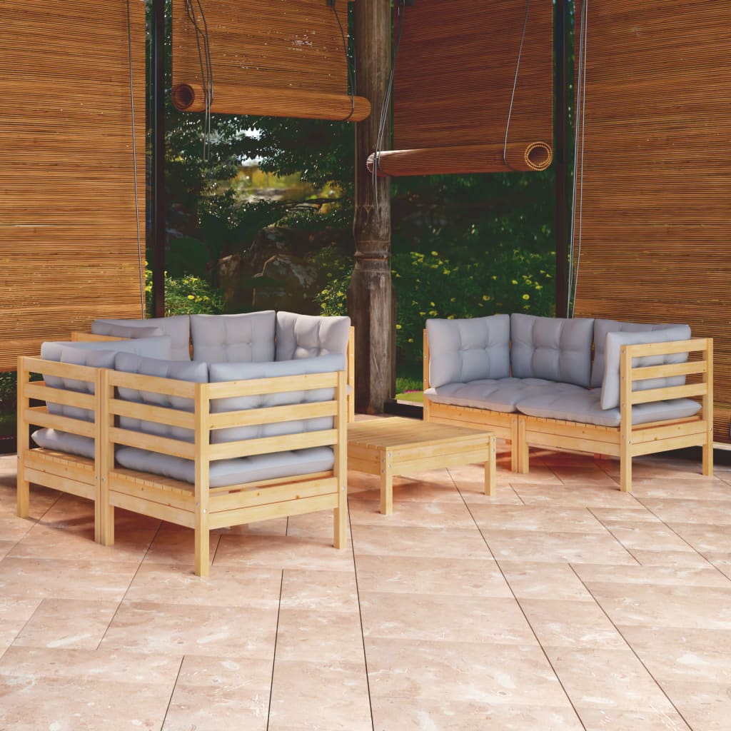7Pcs conjunto lounge de jardim c/ almofadões cinza pinho maciço
