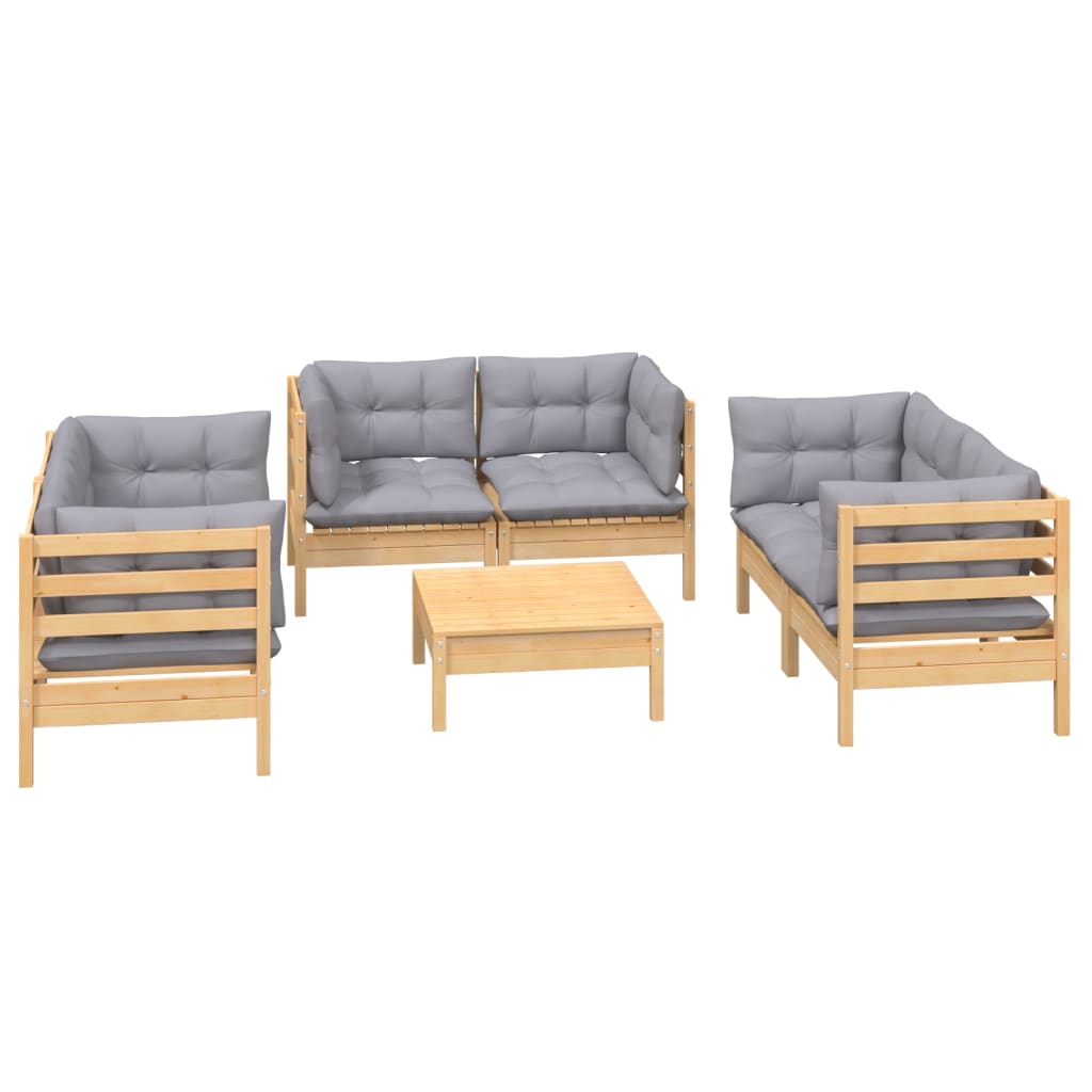 7Pcs conjunto lounge de jardim c/ almofadões cinza pinho maciço