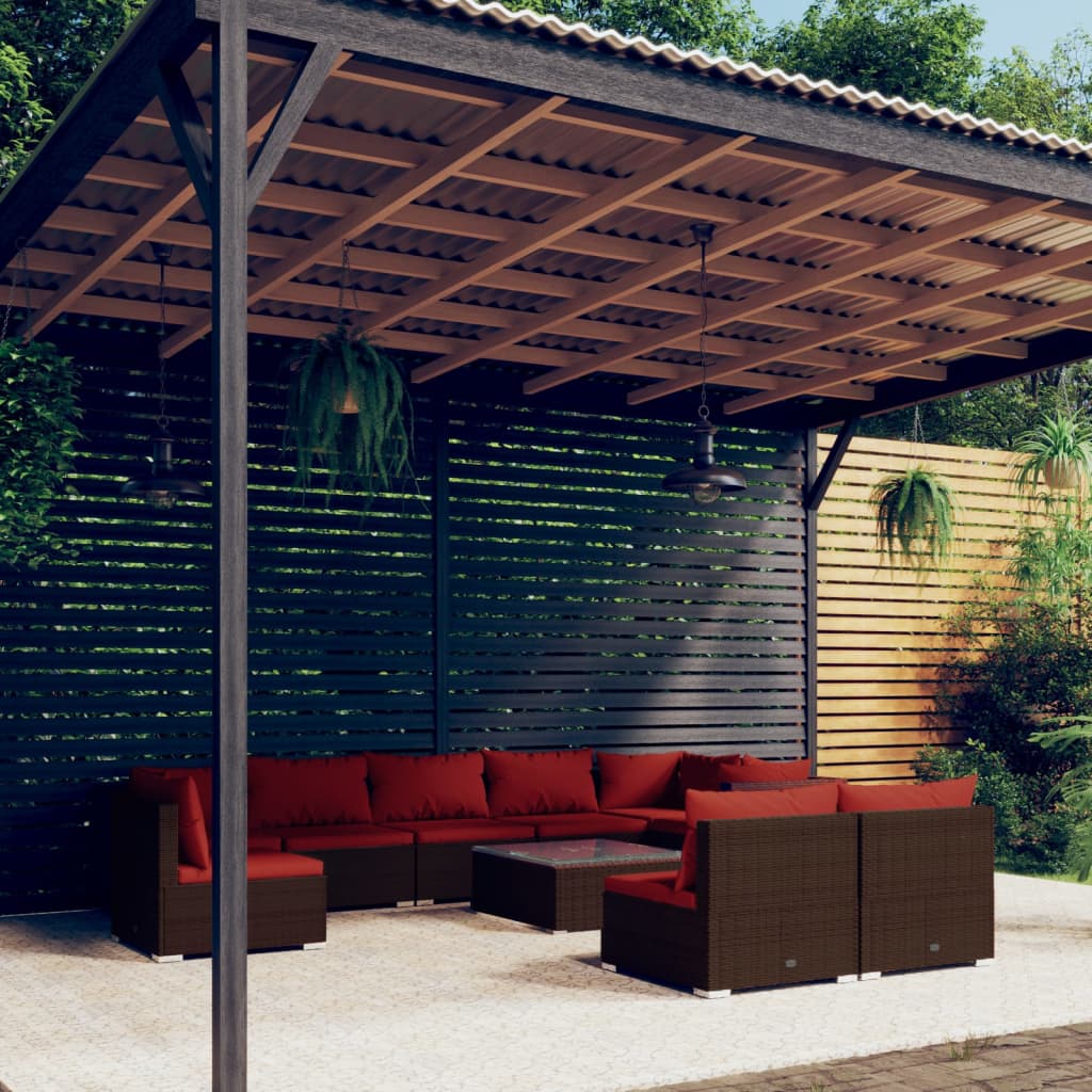 10 Pcs conjunto lounge de jardim c/ almofadões vime PE castanho