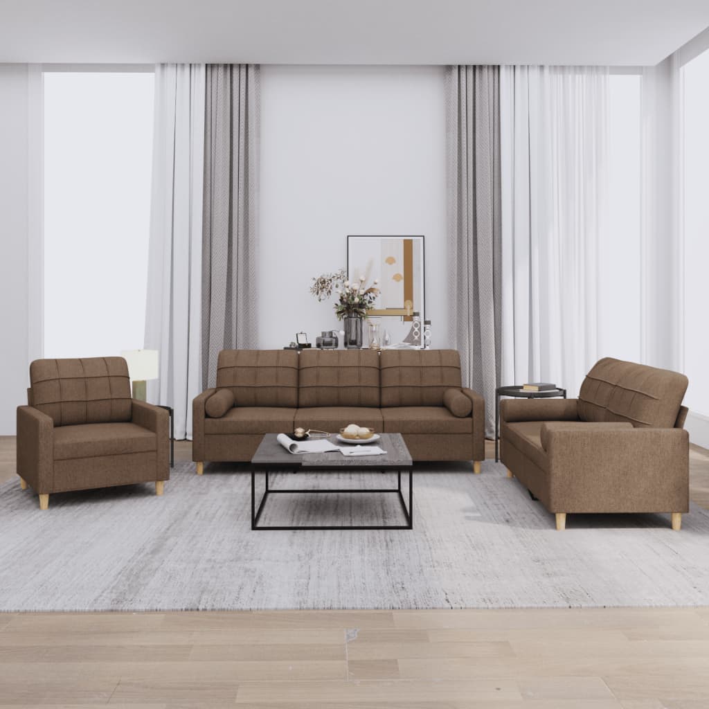 3 Pcs conjunto de sofás com almofadas tecido castanho