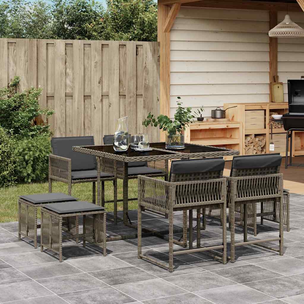 9 Pcs conjunto de jantar p/ jardim c/ almofadões vime PE cinza