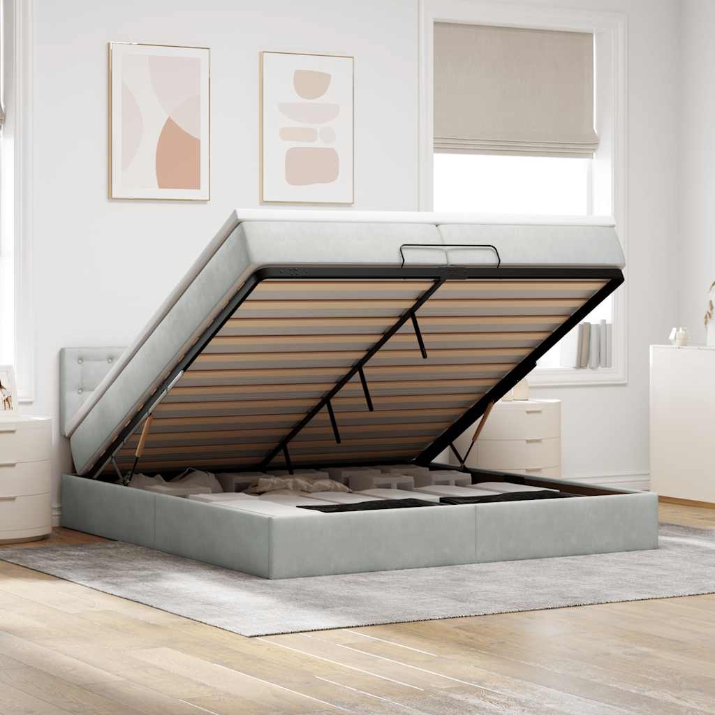 Estrutura cama otomana colchões 200x200cm veludo cinzento claro