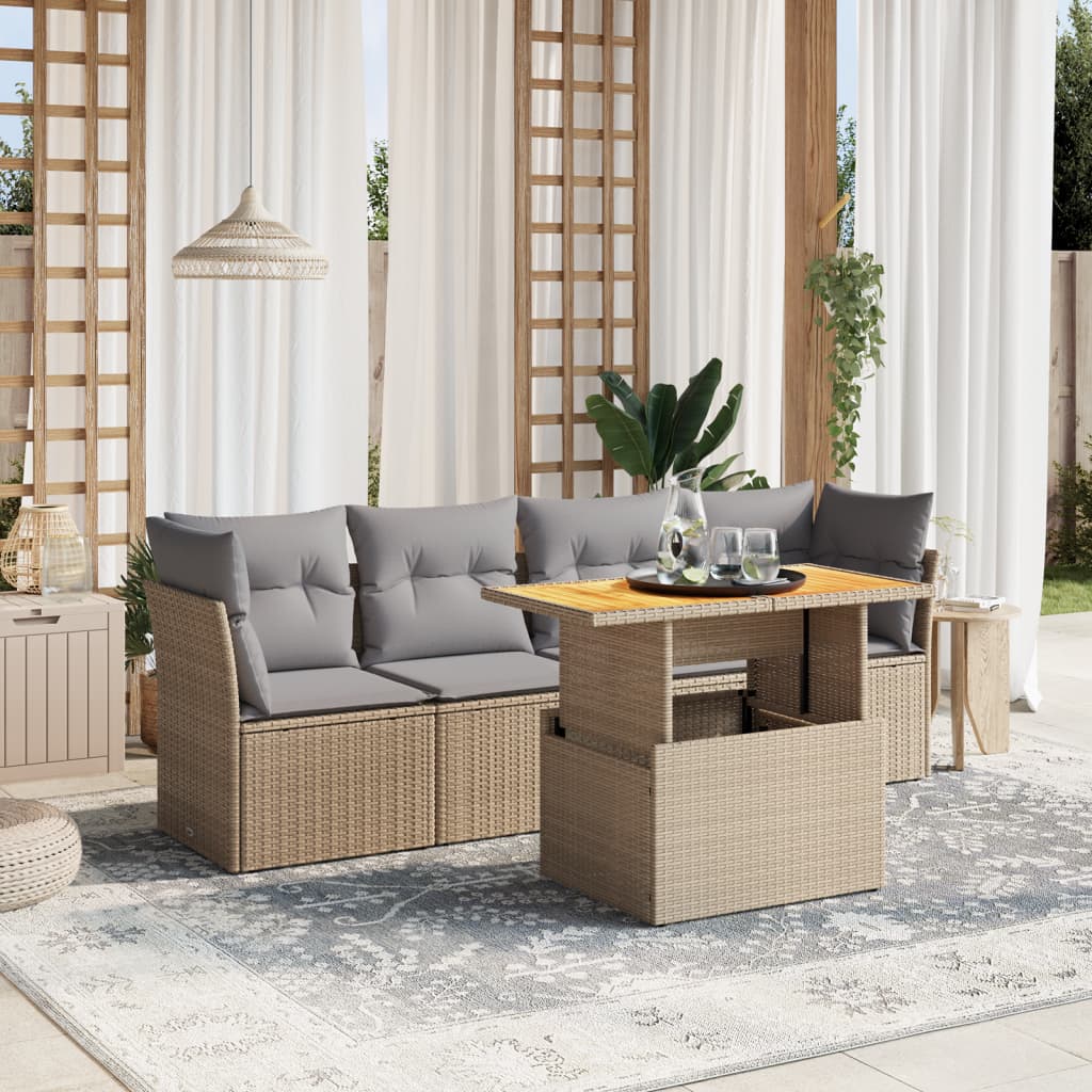5 Pcs conjunto de sofás p/ jardim com almofadões vime PE bege