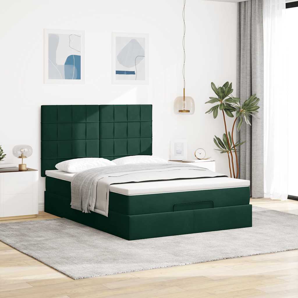 Estrutura cama otomana colchões 140x190 cm veludo verde escuro