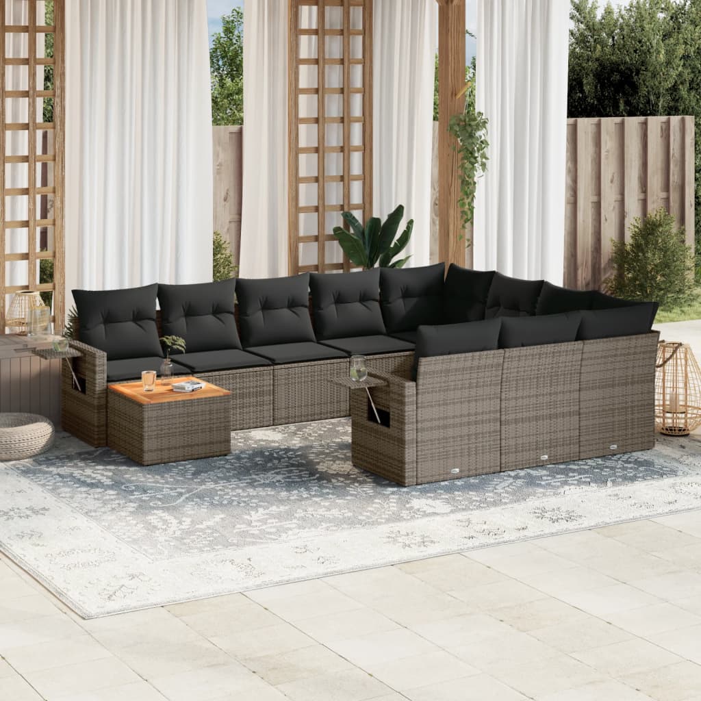 11 Pcs conjunto sofás de jardim c/ almofadões vime PE cinzento