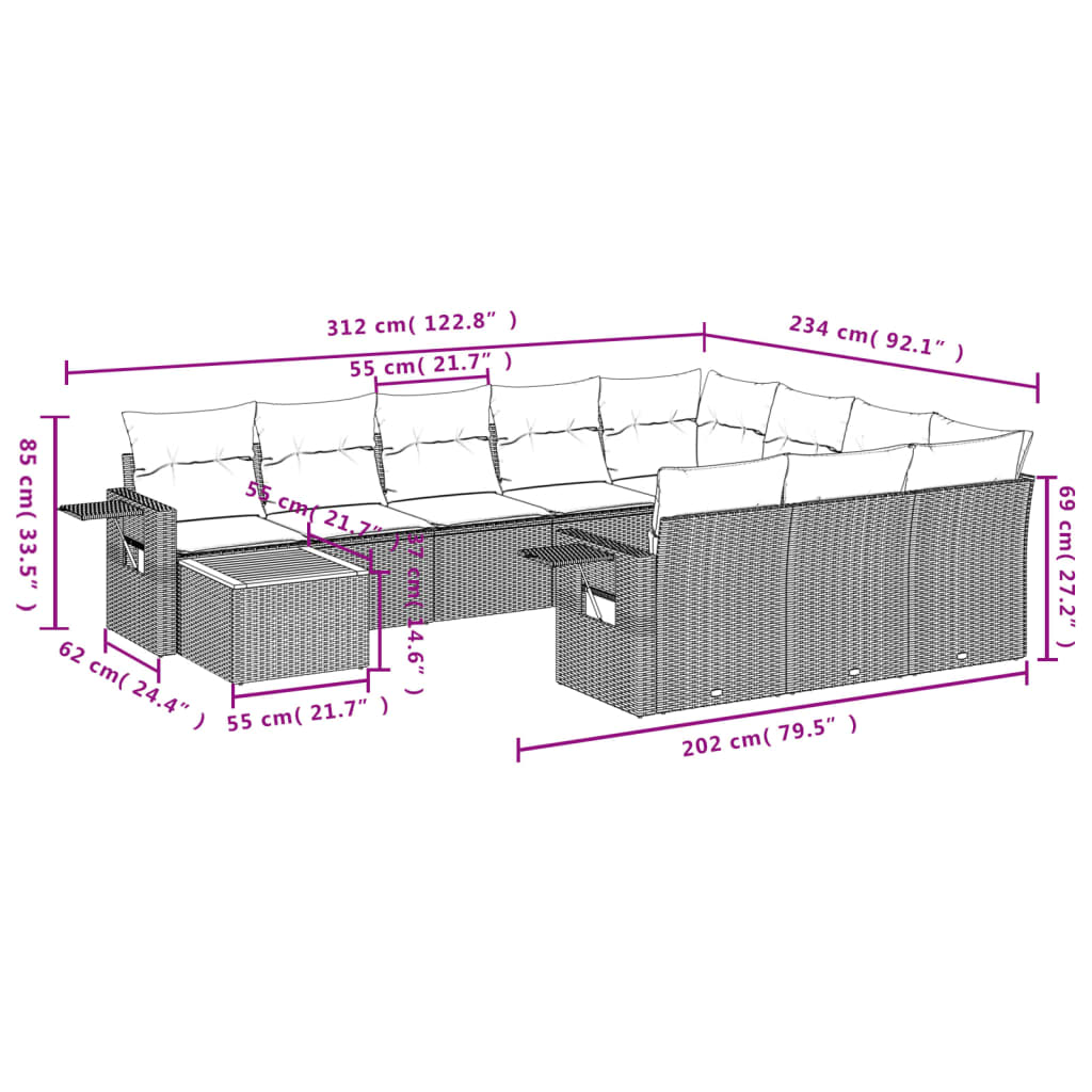 11 Pcs conjunto sofás de jardim c/ almofadões vime PE cinzento