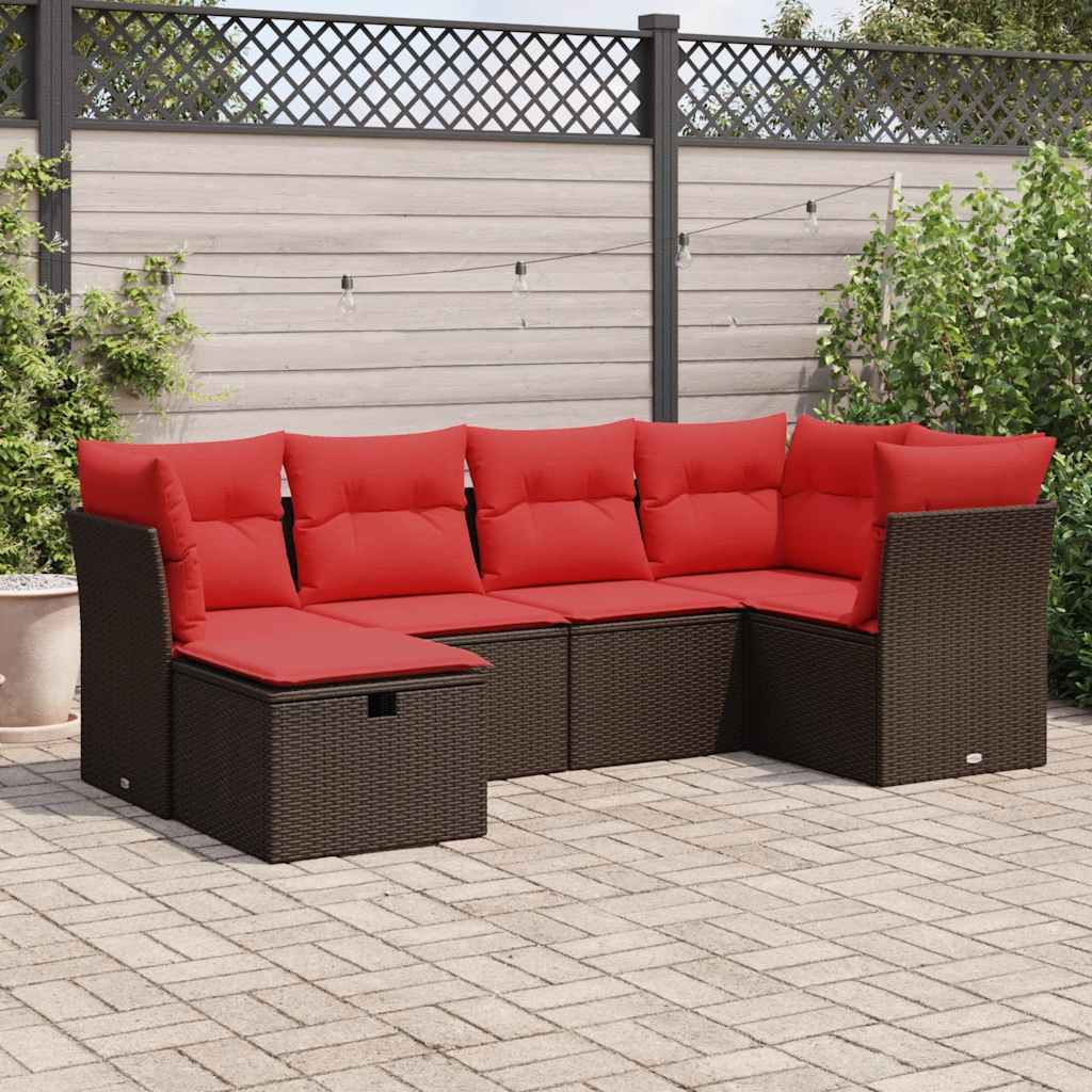 6 Pcs conjunto de sofás jardim c/ almofadões vime PE castanho