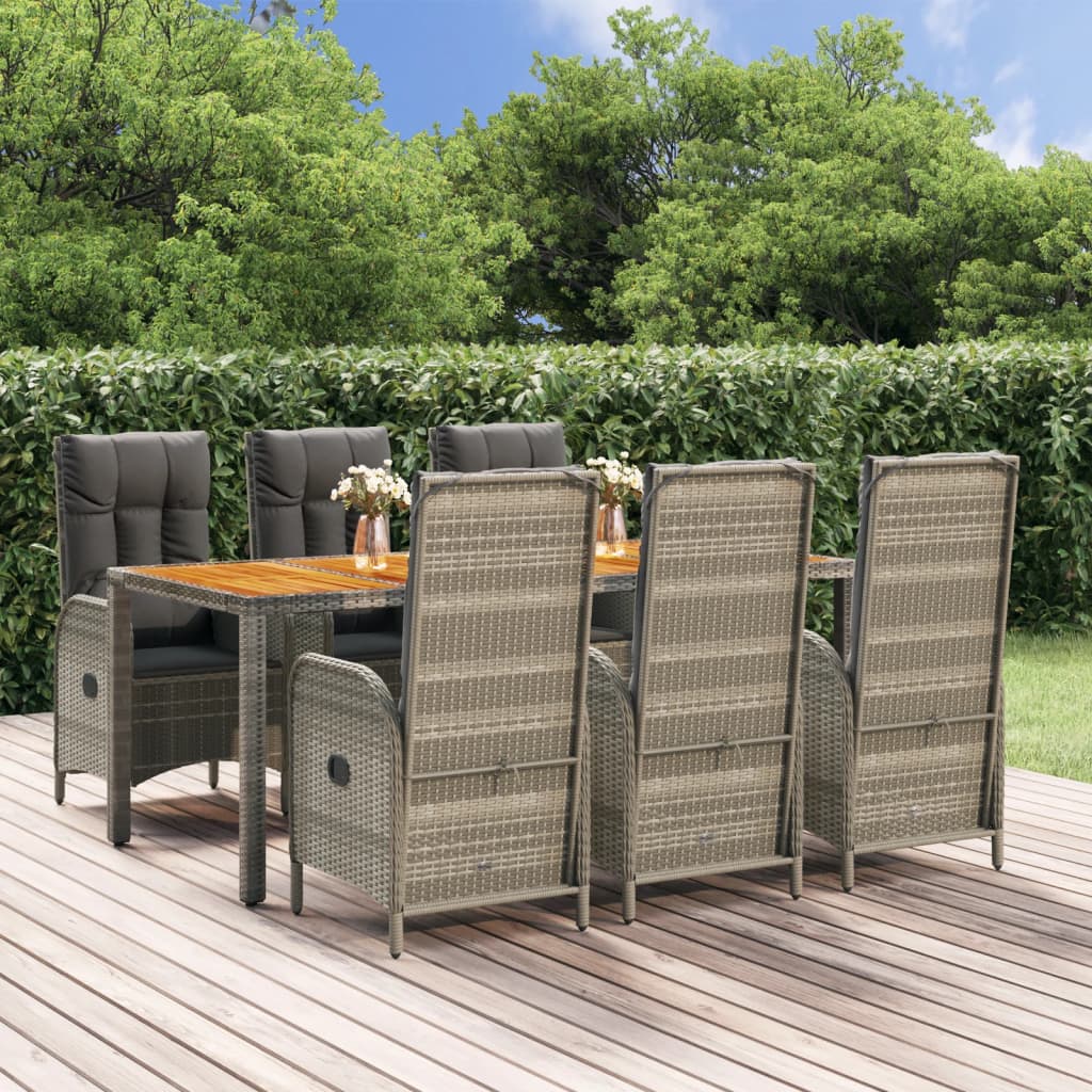 7 Pcs conjunto de jantar p/ jardim c/ almofadões vime PE cinza