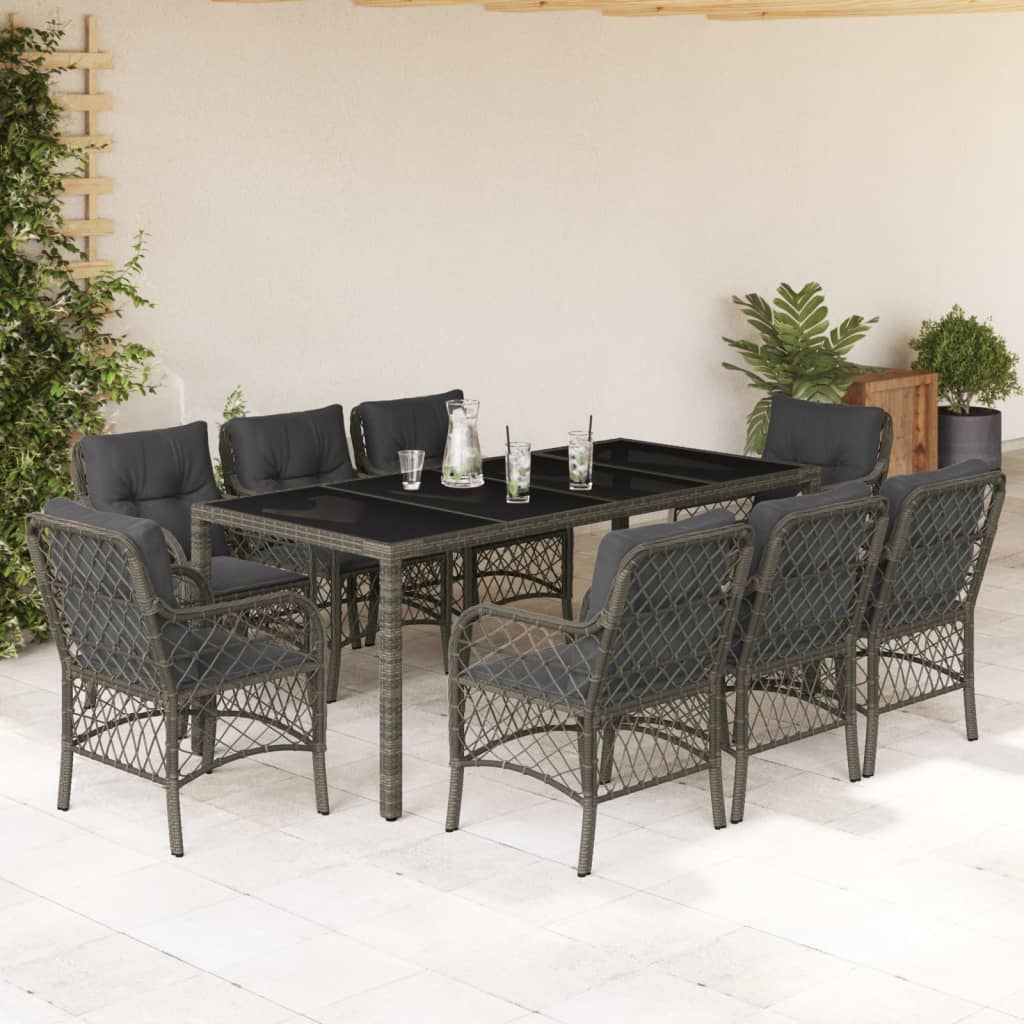 9 Pcs conjunto de jantar p/ jardim c/ almofadões vime PE cinza
