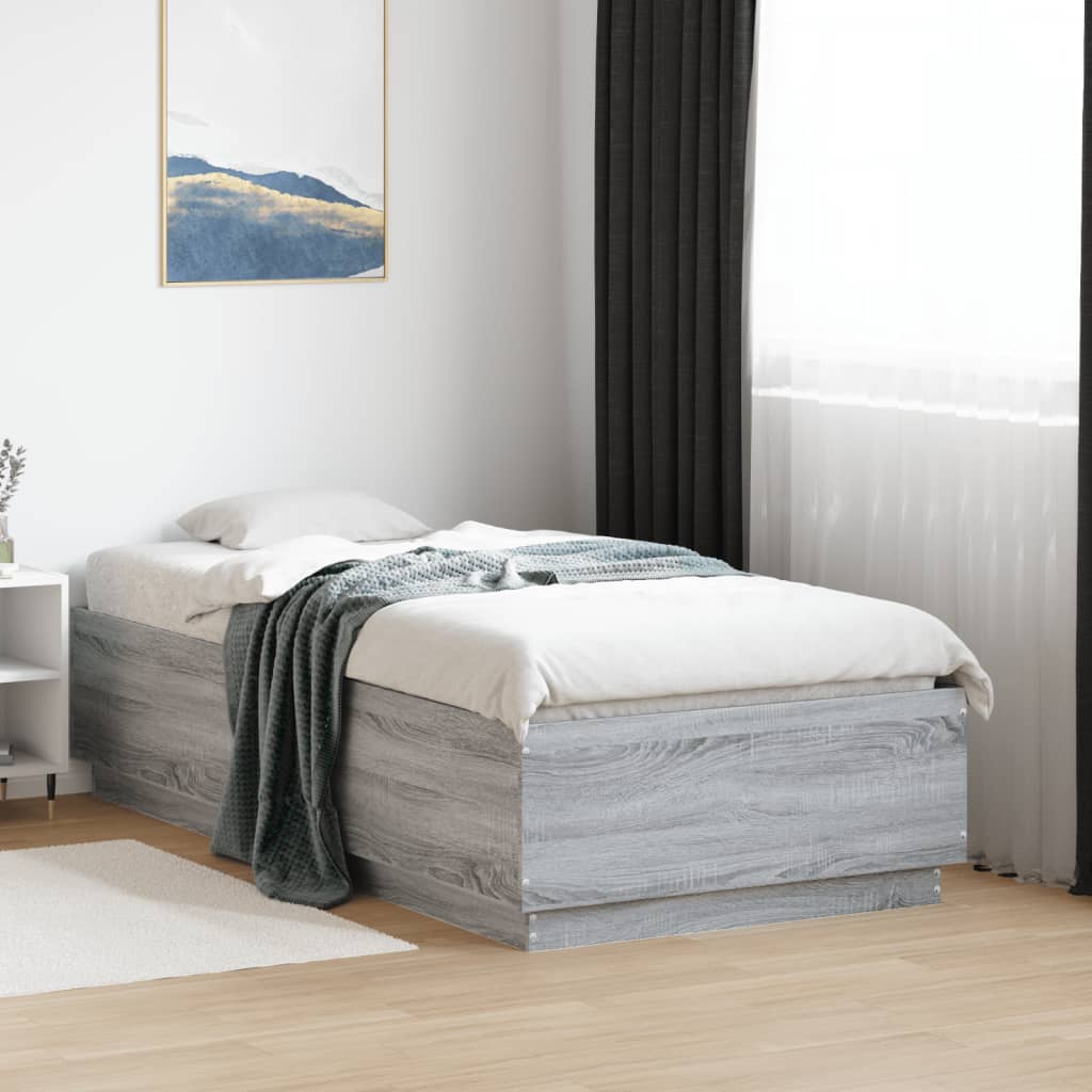 Estrutura cama c/ luzes LED derivados madeira cinzento sonoma