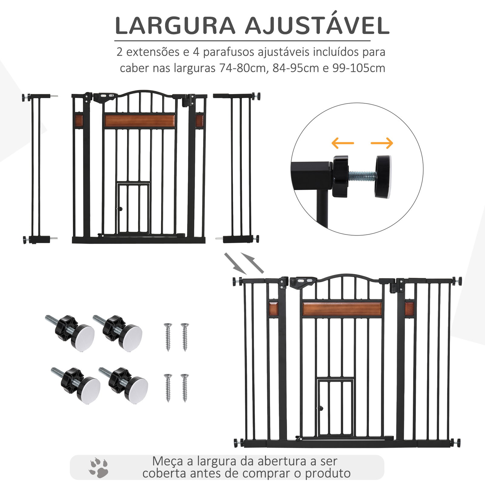 Barreira de Segurança para Cães Extensível para Portas Escadas 74-105cm com 2 Extensões de 10 e 15cm com 2 Portas e Fechadura Au
