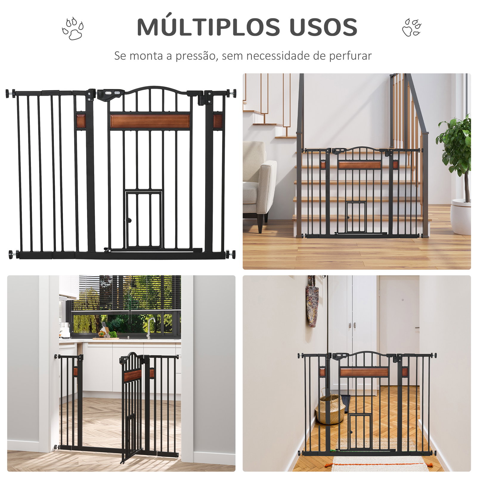 Barreira de Segurança para Cães Extensível para Portas Escadas 74-105cm com 2 Extensões de 10 e 15cm com 2 Portas e Fechadura Au