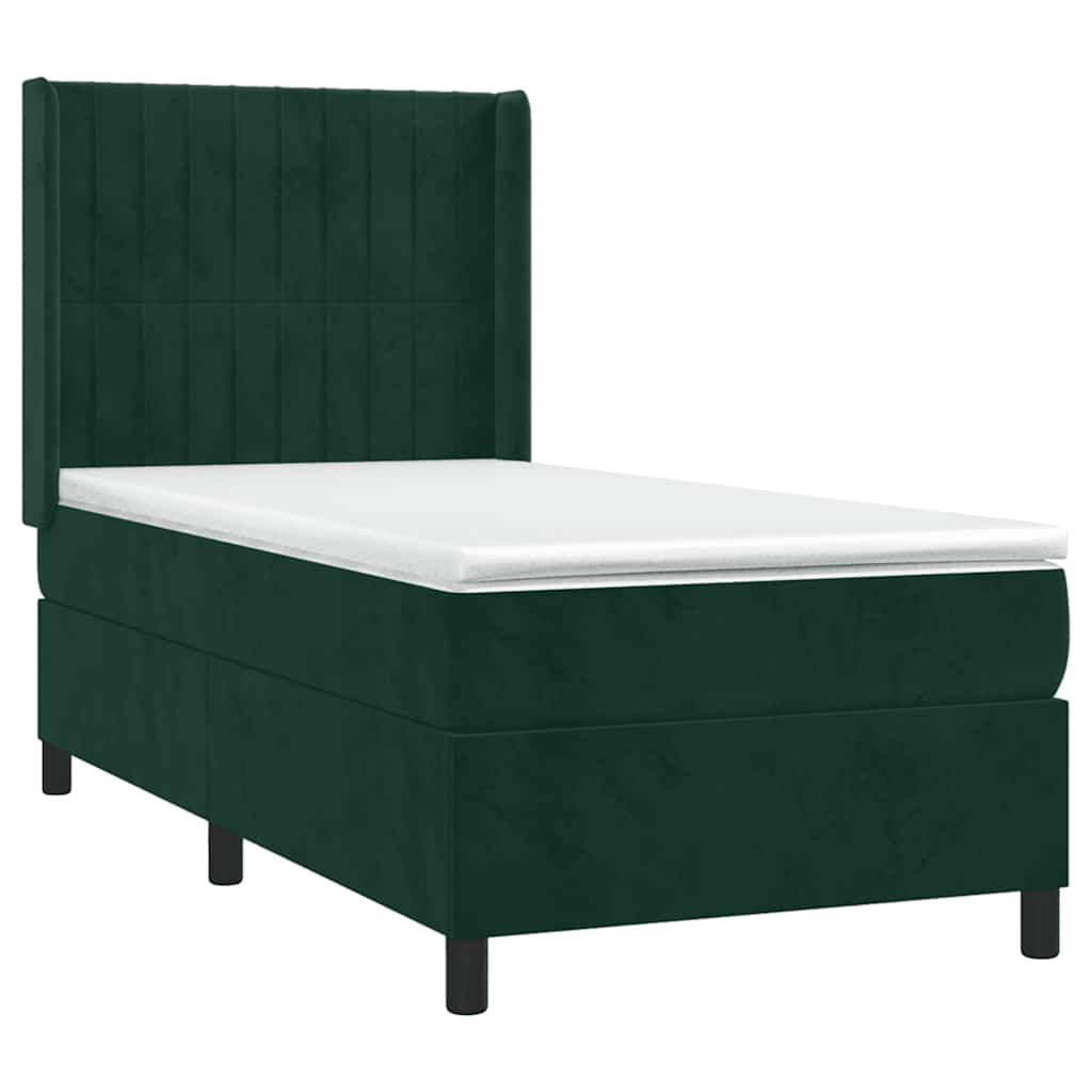 Cama box spring c/ colchão/LED 90x200 cm veludo verde-escuro