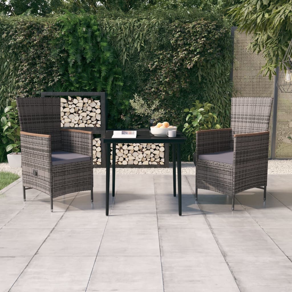 3 Pcs conjunto de jantar para jardim com almofadões cinzento