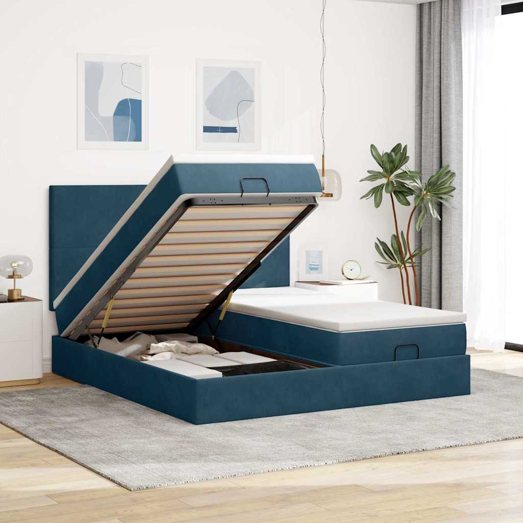 Estrutura de cama otomana com colchão azul escuro veludo