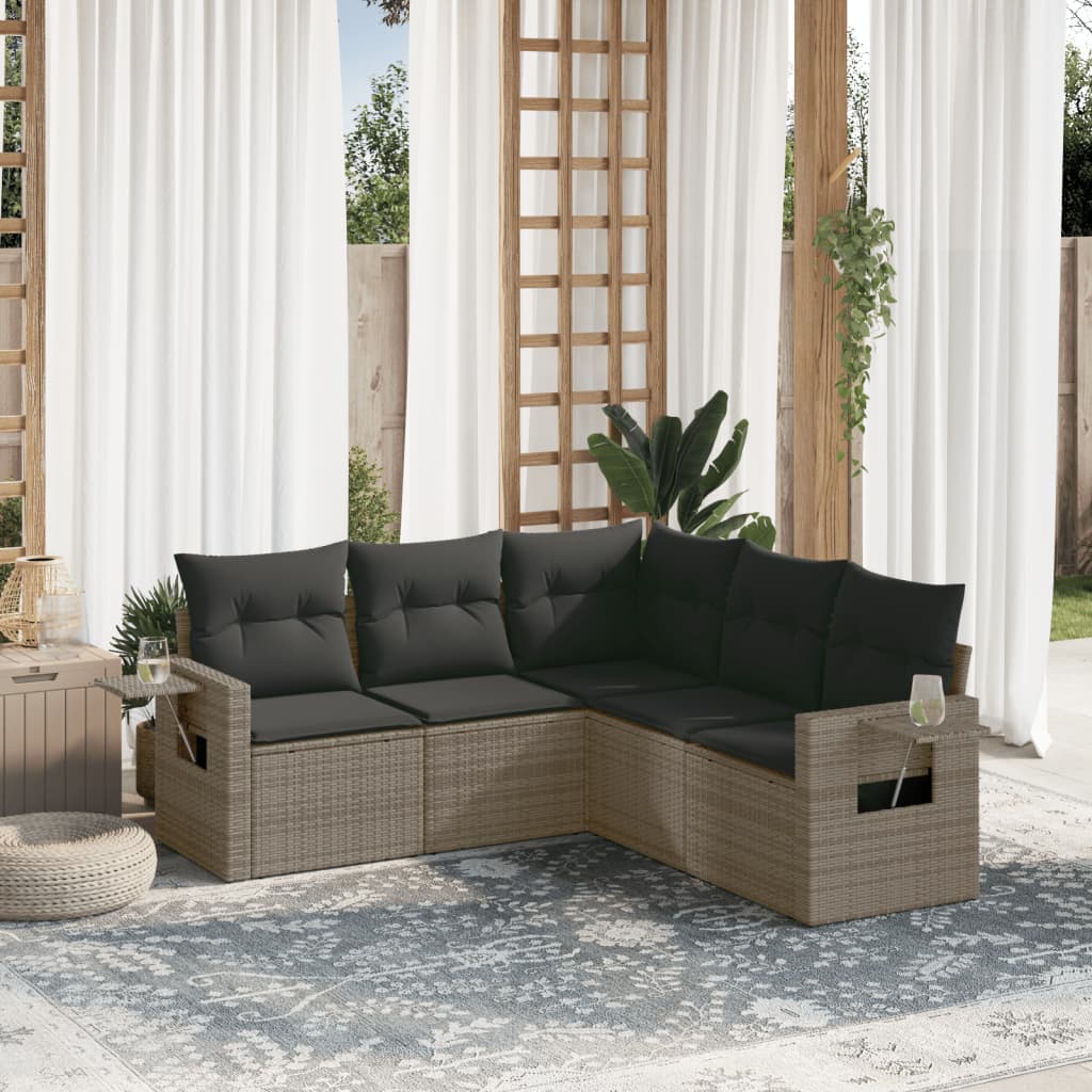 5 Pcs conjunto sofás de jardim c/ almofadões vime PE cinzento