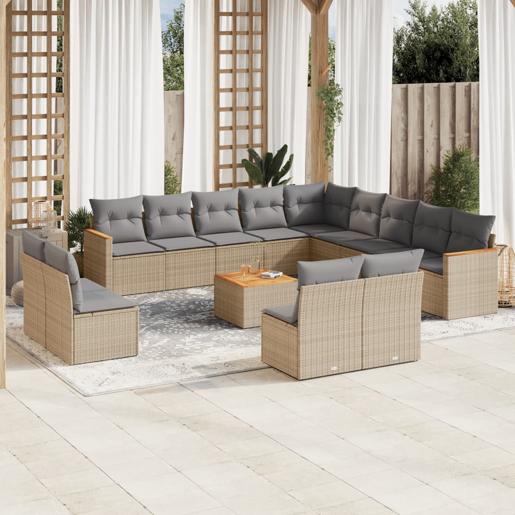 14 Pcs conjunto de sofás p/ jardim com almofadões vime PE bege