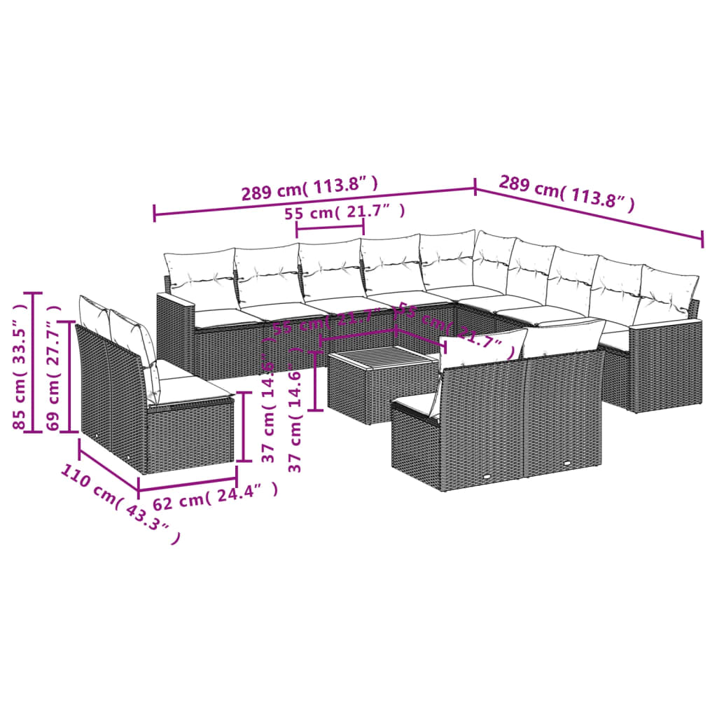 14 Pcs conjunto de sofás p/ jardim com almofadões vime PE bege