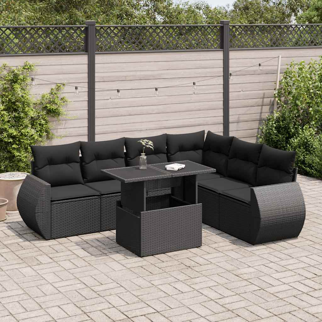 7 Pcs conjunto de sofás p/ jardim c/ almofadões vime PE preto