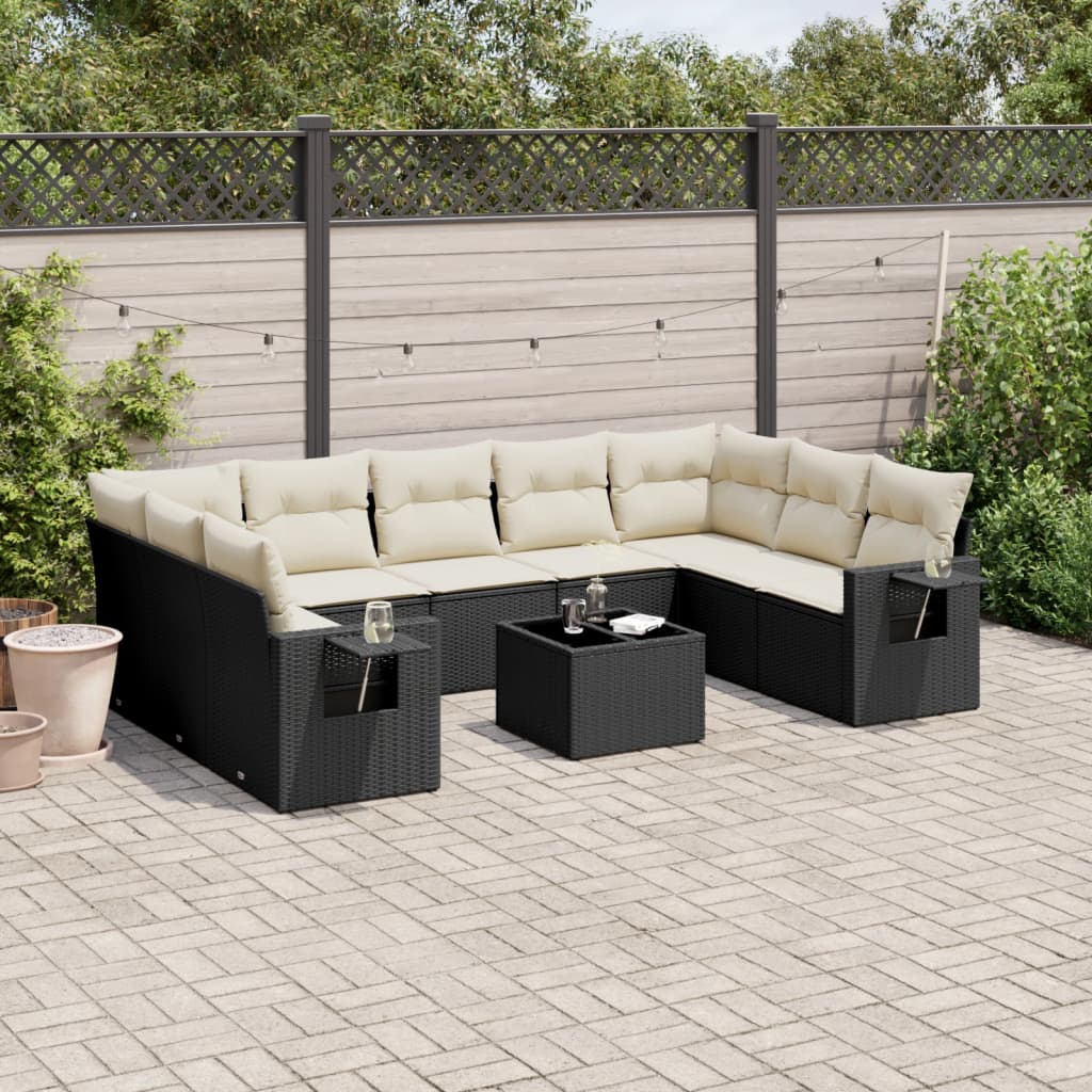 10 Pcs conjunto sofás de jardim c/ almofadões vime PE preto