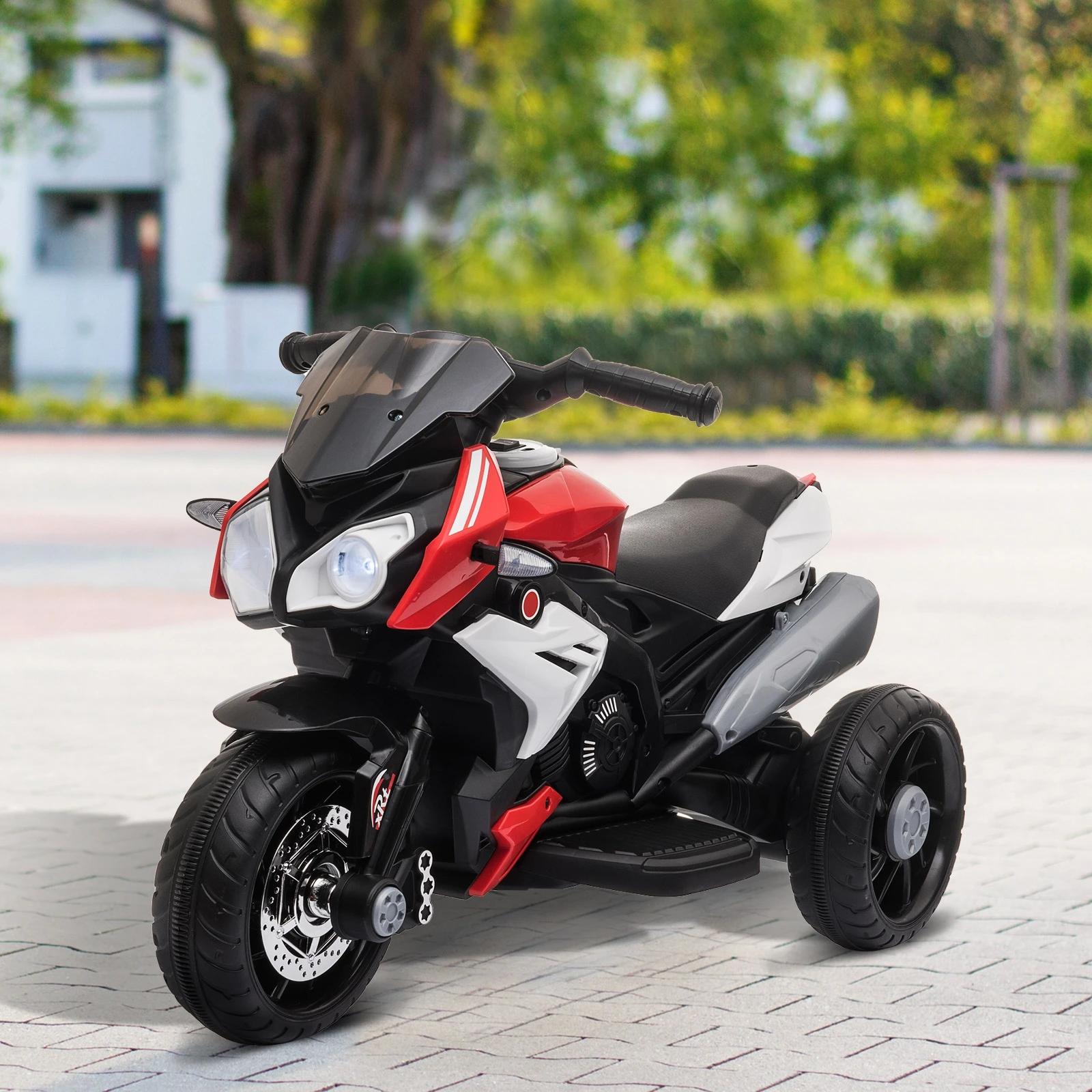 Motocicleta elétrica infantil com 3 rodas triciclo para crianças acima de 3 anos com bateria 6v recarregável funções de música buzina faróis 86x42x52cm preto e vermelho