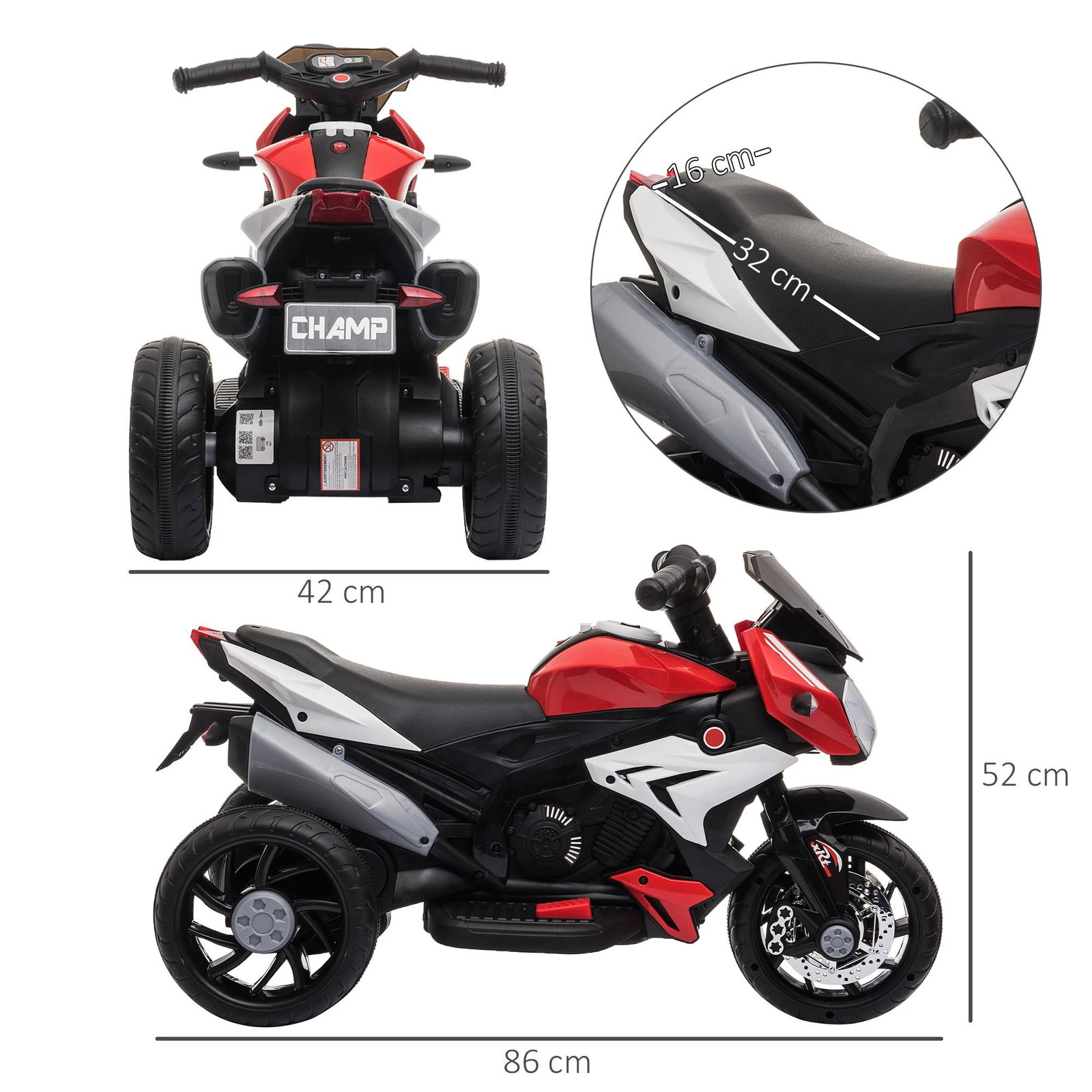 Motocicleta elétrica infantil com 3 rodas triciclo para crianças acima de 3 anos com bateria 6v recarregável funções de música buzina faróis 86x42x52cm preto e vermelho