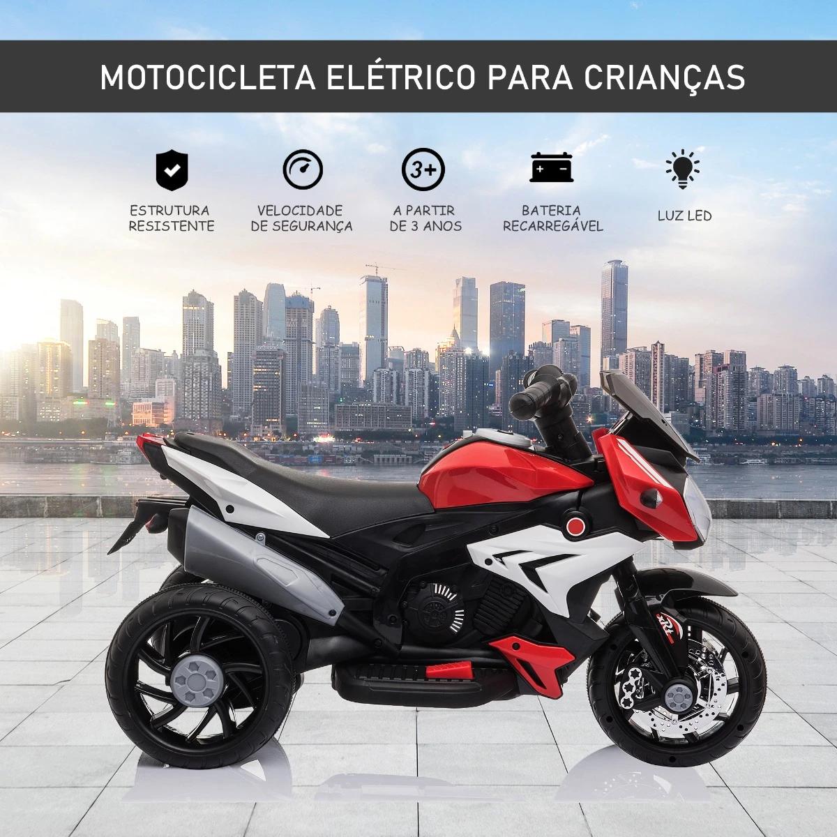 Motocicleta elétrica infantil com 3 rodas triciclo para crianças acima de 3 anos com bateria 6v recarregável funções de música buzina faróis 86x42x52cm preto e vermelho